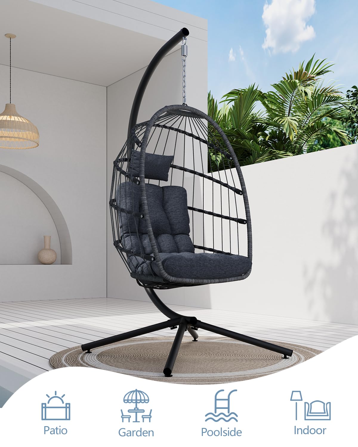 SWITTE Egg Chair Outdoor with Stand, Indoor Wicker Hanging Egg Swing Chair with Cushion, 350lbs Capacity for Patio, Bedroom, Garden - Gray