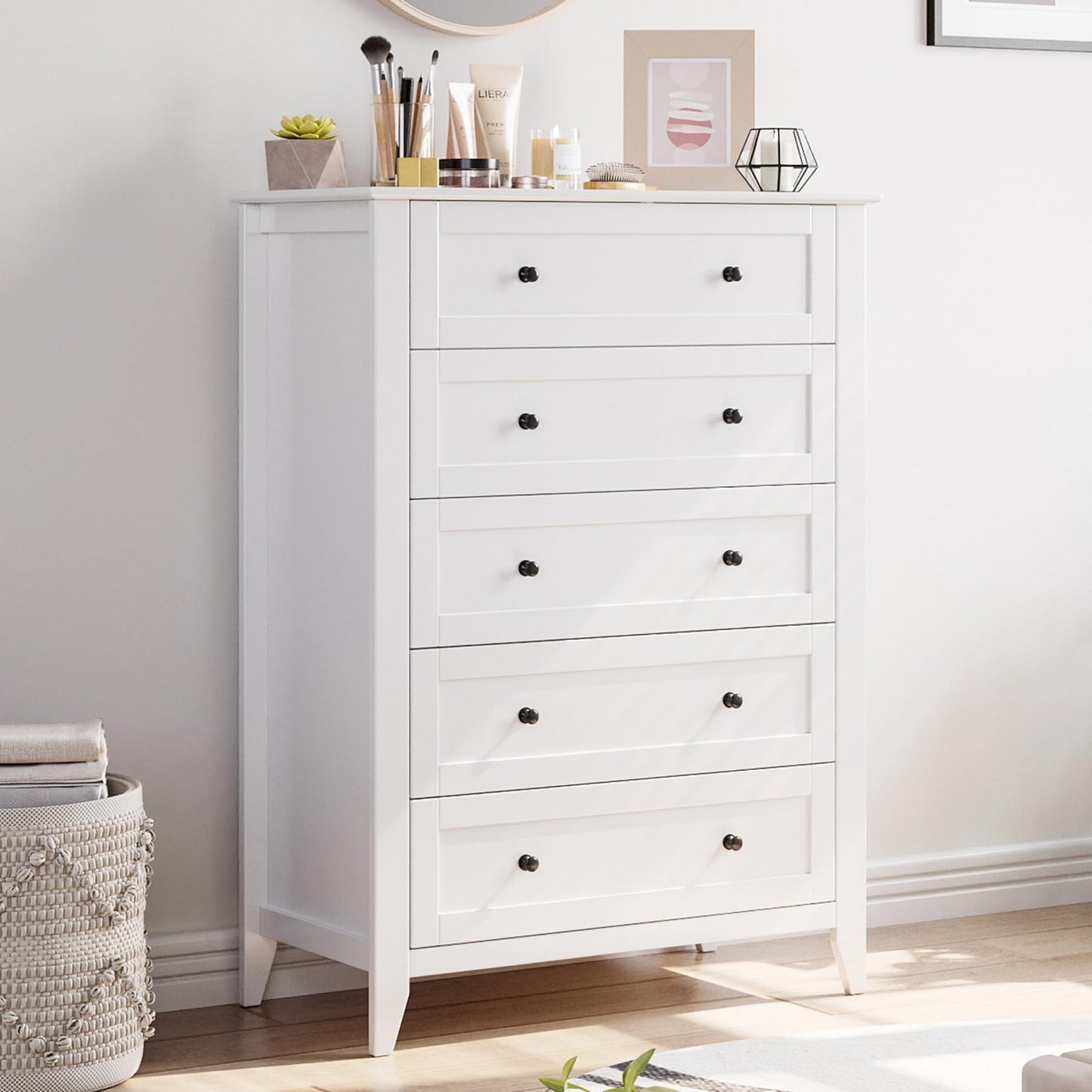 GarveeHome White Drawer Dresser for Bedroom, 5 Chest of Drawers, Modern Wood Tall Dresser Cabinet, Organizer Drawers for Closet, Living Room, Hallway, Entryway