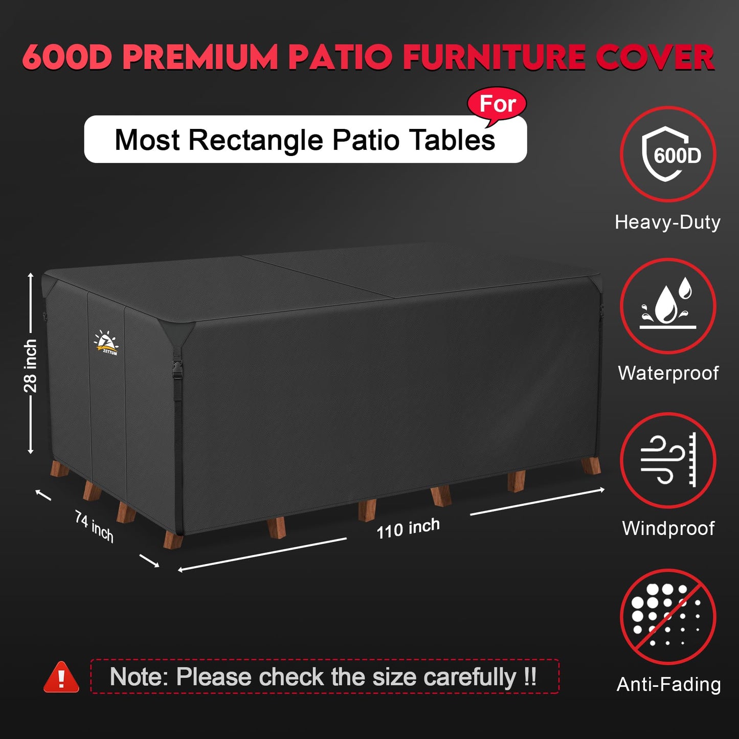 Zettum Patio Furniture Cover Rectangle - 110 Inch Outdoor Table Cover Waterproof & Heavy Duty, Large 600D Lawn Furniture Sofa Set Covers for Outside Dining Table and Chairs Combo - 110 x 74 x 28 Inch