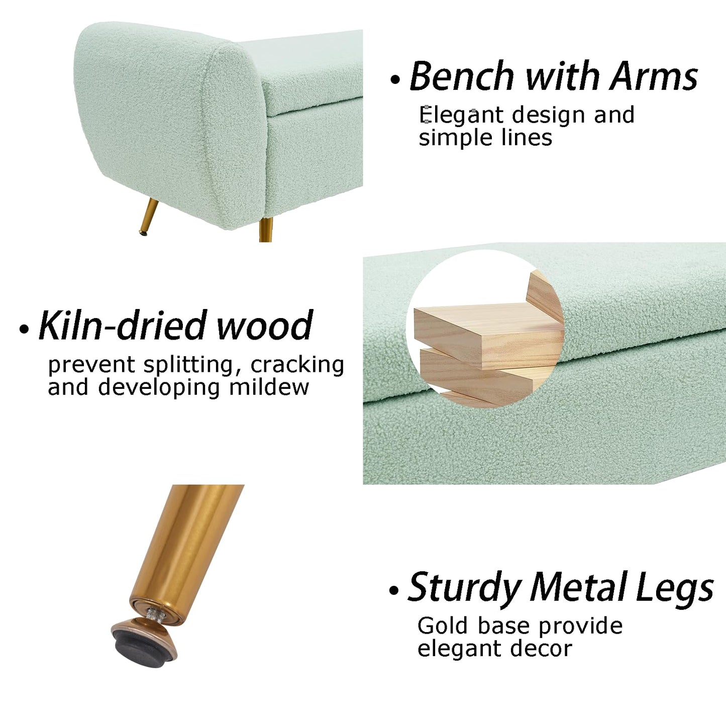 AIITTCC Teddy Storage Bench for Bedroom, Extra Long Boucle Bench for King Size Bed, Modern Upholstered End of Bed Ottoman Bench with Arms for Entryway Living Room (SAGE)