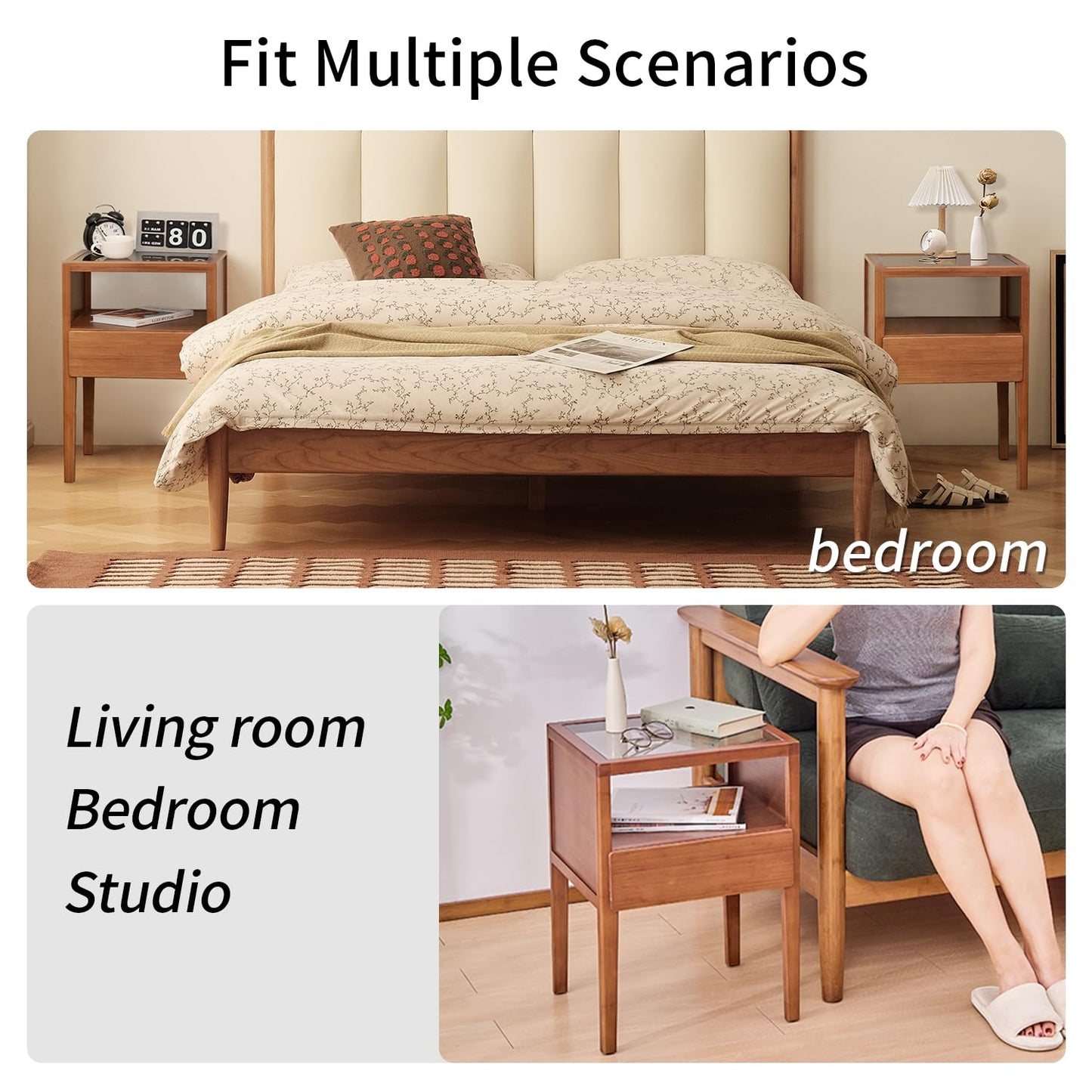 JIKUGO Mid Century Modern Nightstand with Tempered Glass Tabletop Bamboo Night Stand with Drawers Stand Storage Shelf Bedside Table End Tables for Bedroom Decor Furniture