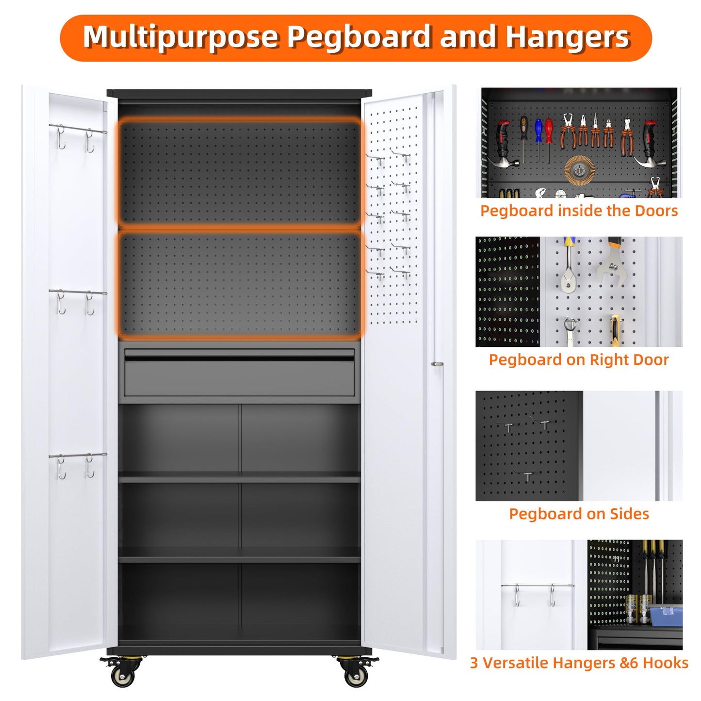 Aobabo Metal Storage Cabinet with Wheels and 1 Interior Drawer, Steel Rolling Tool Cabinet with 16 Hooks and 2 Adjustable Shelves for Garage, Home, Office, Kitchen, Black Gray, Assembly Required