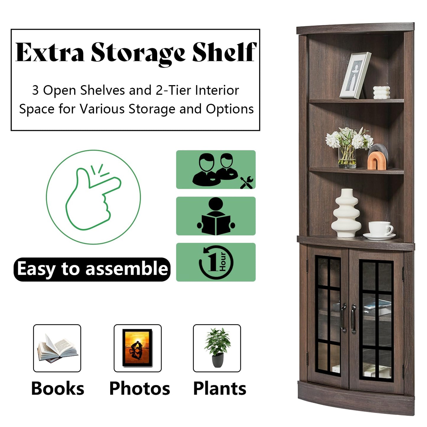 AMERLIFE Curved Corner Storage Cabinet, 65" Tall Freestanding Bookcase with Glass Doors & Adjustable Shelves, 5-Tier Corner Display Cabinet for Living Room, Bathroom, Laundry Room, Espresso