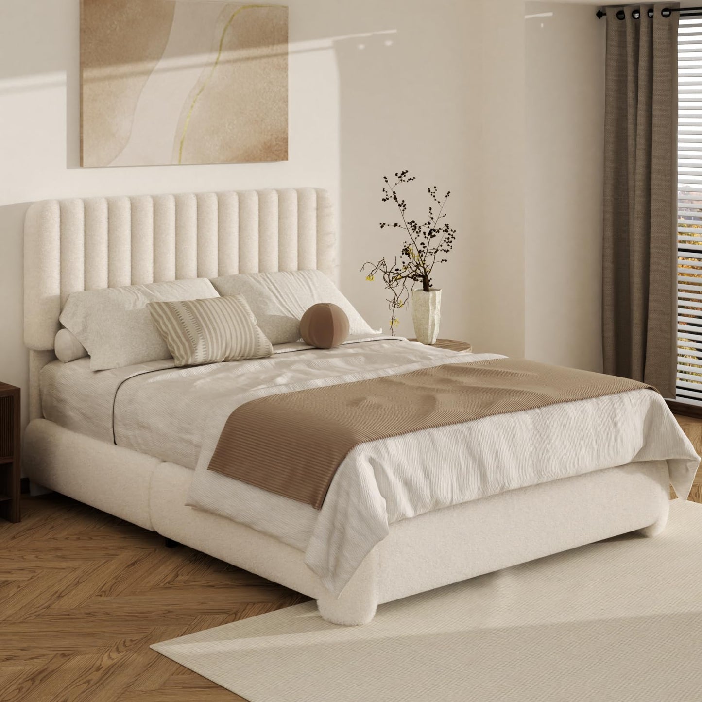Konprosp Queen Boucle Bed Frame, Upholstered Cloud Platform Bed Frame with Adjustable Headboard, Vertical Tufted, Soft Rounded Corners, Beige