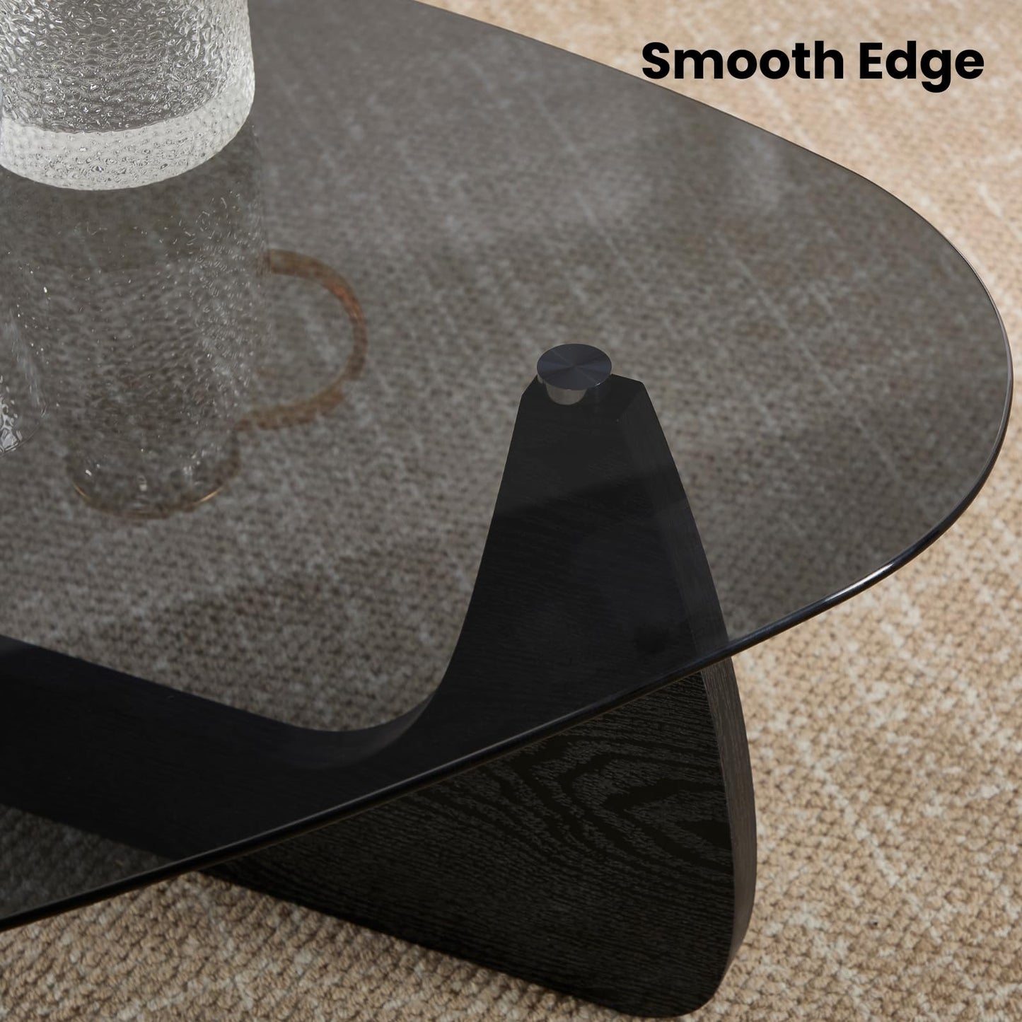 DUOMAY Modern Triangle Glass Coffee Table, 16 Inch High Glass Top Abstract Small End Table with Solid Natural Wood Base, Tea Table Suitable for Living Room, Office, Patio, Apartment, Black Wood