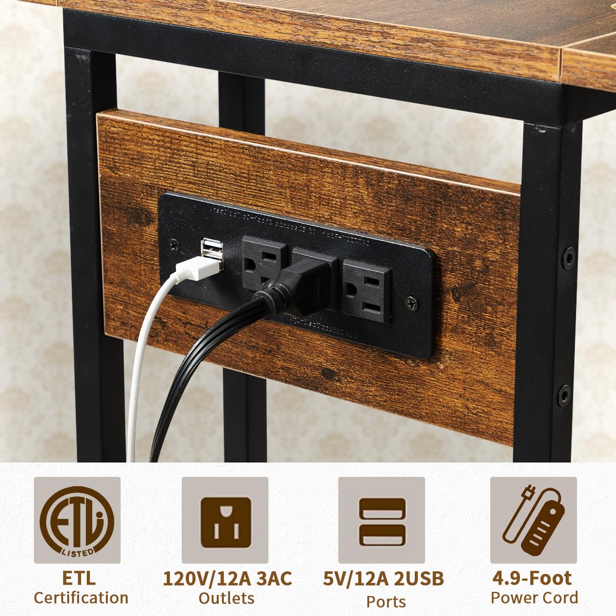 Hadulcet C Shaped End Table with Charging Station & Foldable Tabletop, Folding TV Tray Table with Storage, Rolling TV Trays, C Table for Sofa, Living Room Bedroom Small Spaces, Rustic Brown