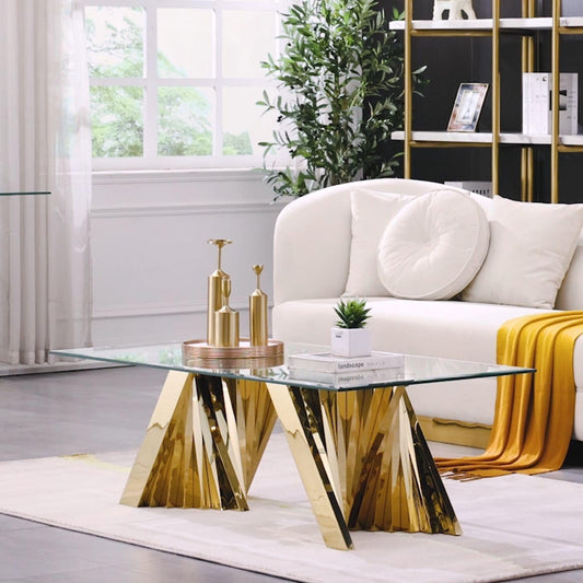 Anewsun Gold Coffee Table, 50" Rectangle Tempered Glass Living Room Coffee Table with Gorgeous Polished Stainless Steel Base