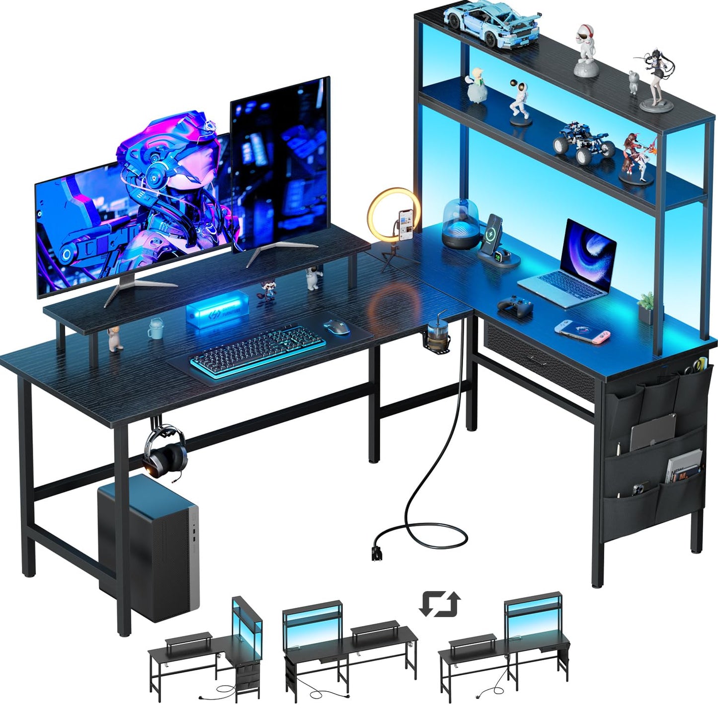 HLDIRECT L Shaped Gaming Desk with LED Light & Power Outlet, 59 Inch Reversible Corner Computer Desk with Storage Shelves & Drawer & Bag, Game Table with Hutch Monitor Stand, Home Office, Black