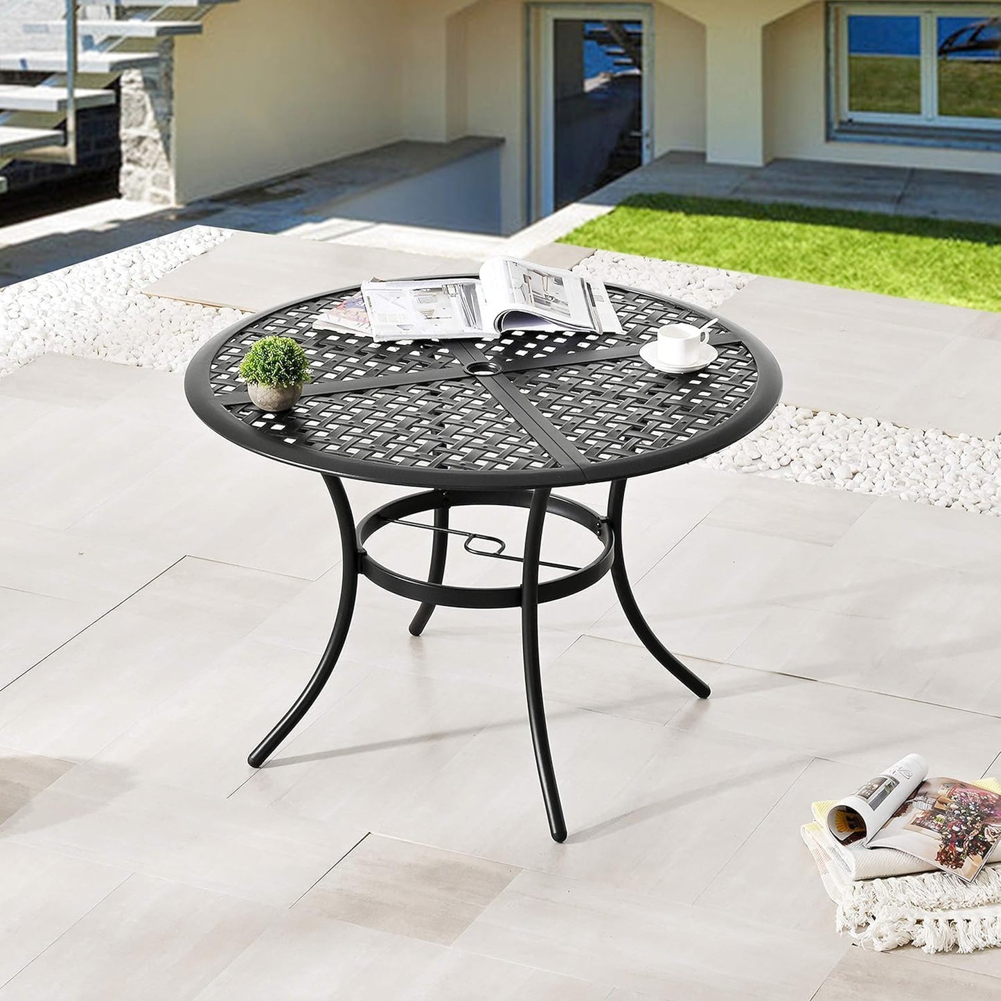 LOKATSE HOME 42.1" Outdoor Patio Round Dining Table with Umbrella Hole, Steel Frame for Backyard Lawn Balcony Deck