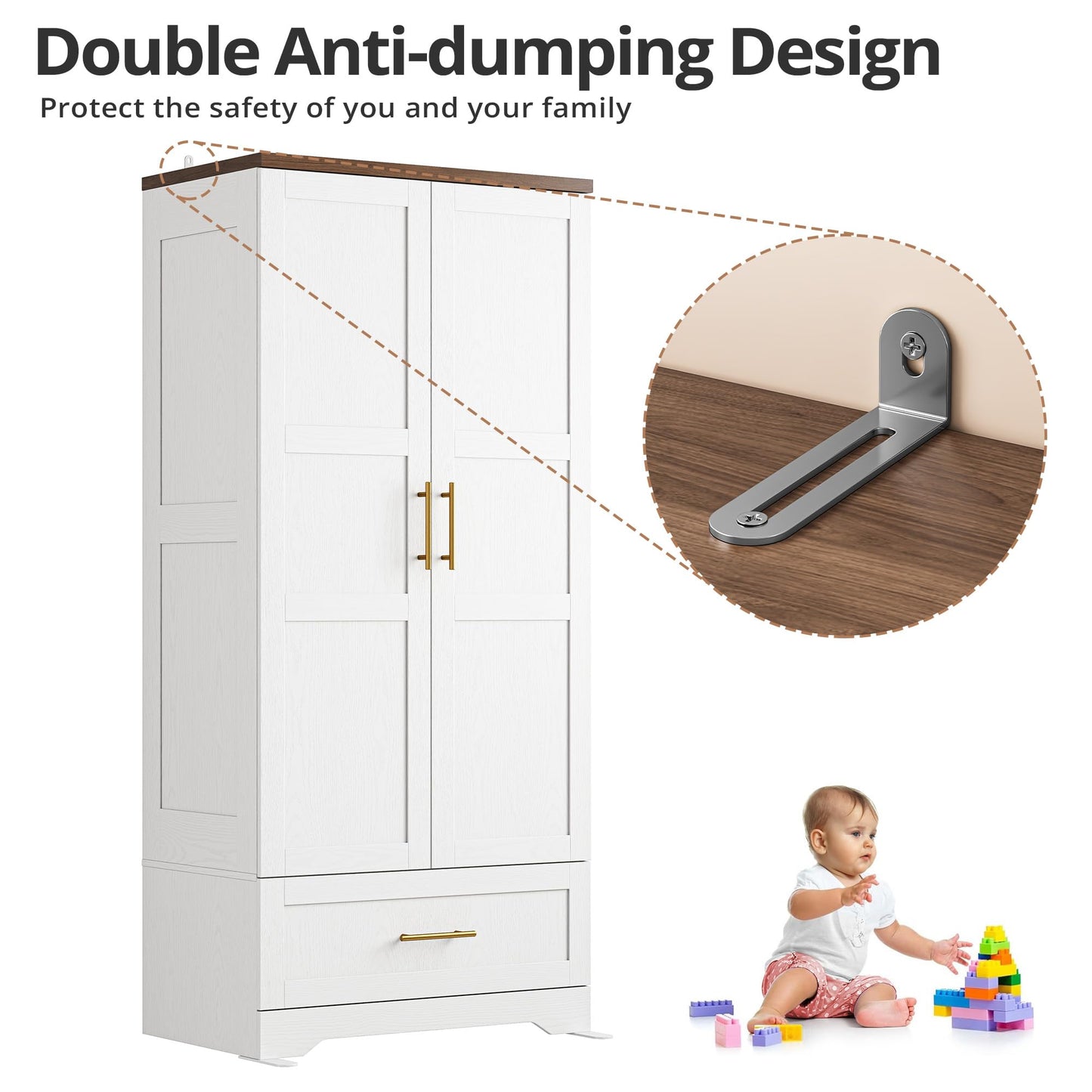 IRONCK Wooden Armoire Wardrobe Closet, 71" Tall Wardrobe Cabinet with Drawer and Door, Bedroom Wood White Clothes Storage Cabinet with Hanging Rod and Shelves