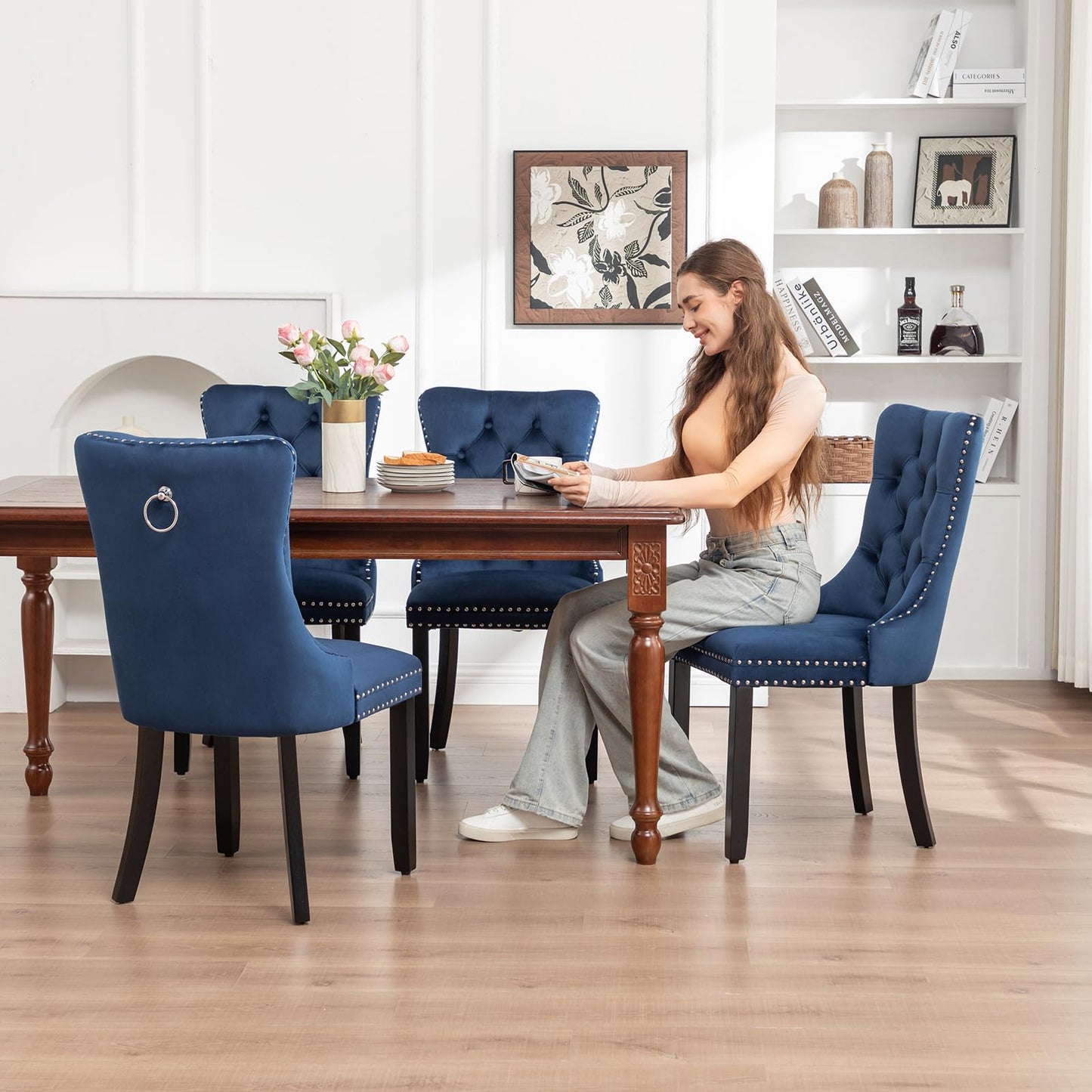 Kiztir Velvet Dining Chairs Set of 6, Upholstered Dining Room Chairs with Ring Pull Trim and Button Back, Luxury Tufted Dining Chairs for Living Room, Bedroom, Kitchen (Blue)