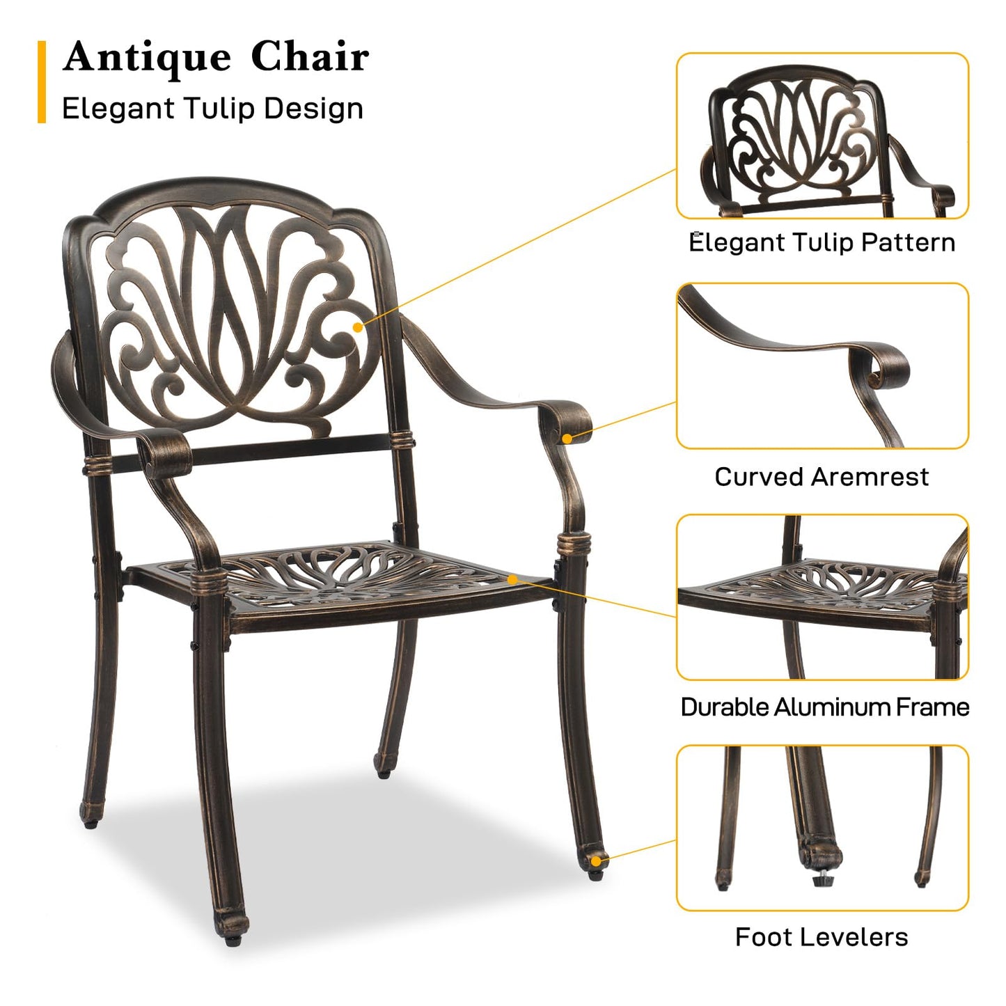 VINGLI Outdoor Dining Chairs Set of 2 Aluminum Patio Chairs, Cast Aluminum Patio Furniture Aluminum Outdoor Chairs for Backyard, Poolside, Balcony Bronze (2, Elizabeth Back Without Cushion)