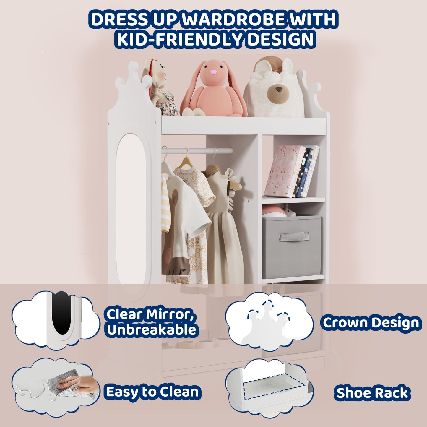 KIDINIX Kids Wardrobe with Mirror, Open Dress Up Storage Kids Armoire Wardrobe with 3 Tier Storage Shelf,2 Fabric Storage,Shoe Rack, Kids Dress Up Rack for Coats, Dance Costume, Hats, Shoes,White