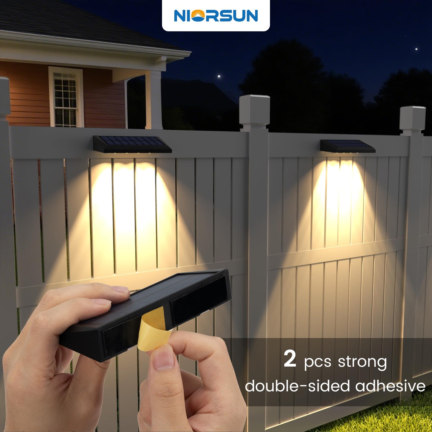 NIORSUN Solar Fence Lights 12 Pack, 3000K Warm White with 4 Spot Lenses, 100 Lumens Wider Coverage, IP65 Waterproof, Auto On/Off, Peel and Stick for Fence, Deck, Wall, Garden