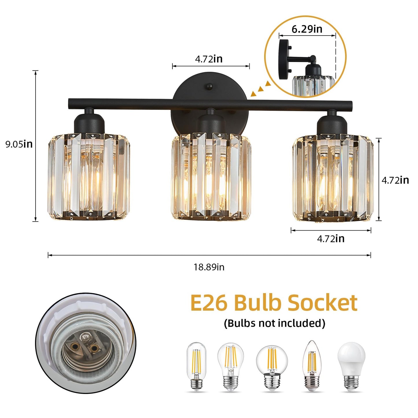 FDPBY Modern 3 Light Crystal Vanity Light, Black Vertical Bathroom Light Fixture Over Mirror for Dressing Table Sink, Compatible with Dimmable Bulbs (Bulbs Not Included)