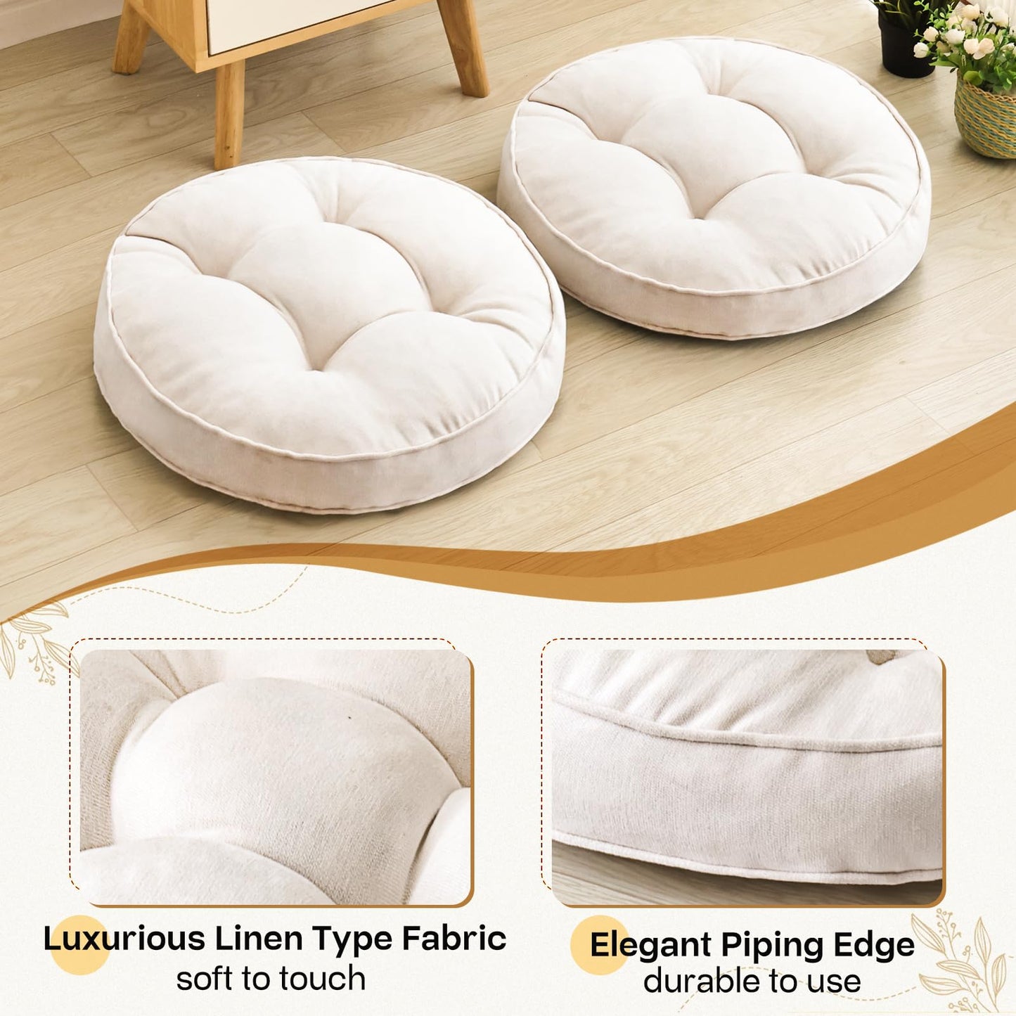 1 MIDDLE ONE Floor Pillow Set of 2, Memory Foam Floor Cushions for Adults, Large Round Meditation Pillow for Sitting, 22 x 22 Inches (Round | Beige)