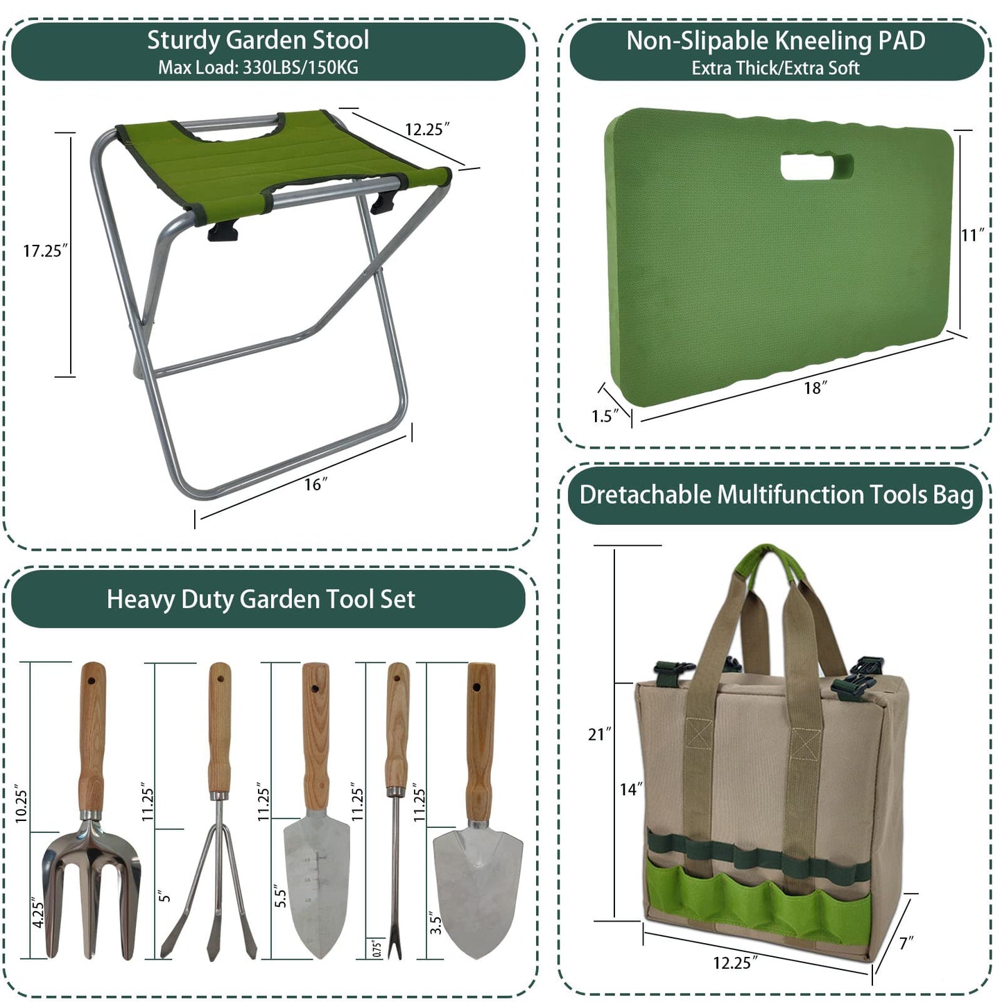 iPreference Garden Folding Gardener Stool with Gardening Tools Insulation Garden Bags Plus 5 Garden Tools and Gardening Kneeler Ideal Gift for Mother's Day/Father's Day (Green)