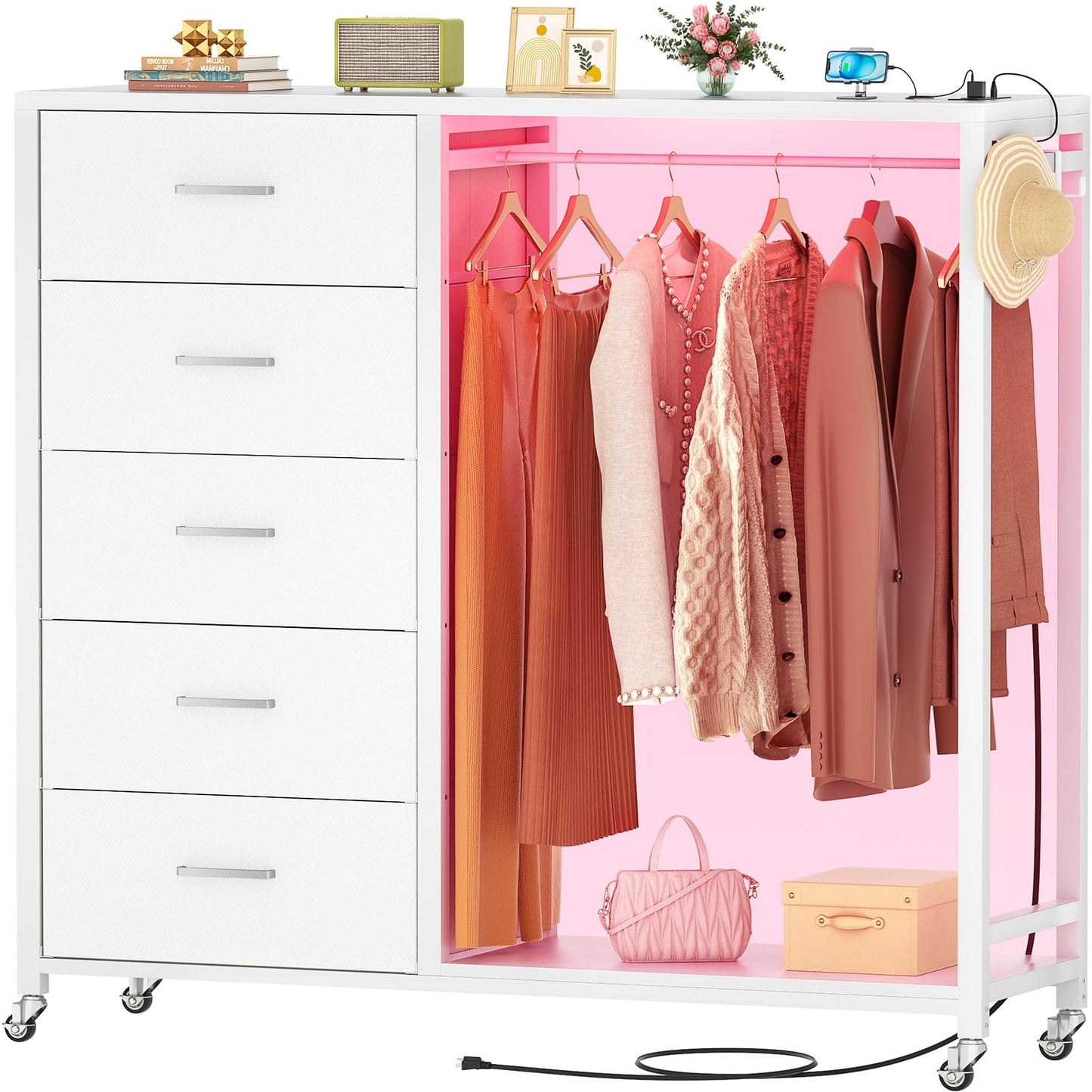 Cyclysio 5 Drawers Dresser with Charging Station & LED Lights, Chest of Drawers with Lockable Wheels, Storage Shelves, Bedroom, Closet, Entryway