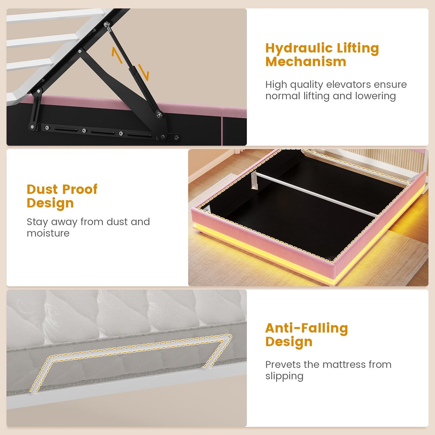 ADORNEVE Queen Size Lift Up Storage Bed with LED Lights & Storage Bookcase Headboard, Velvet Upholstered Platform Bed for Girls, Queen Bed Frame with Charging Station,Hydraulic Lift System, Pink