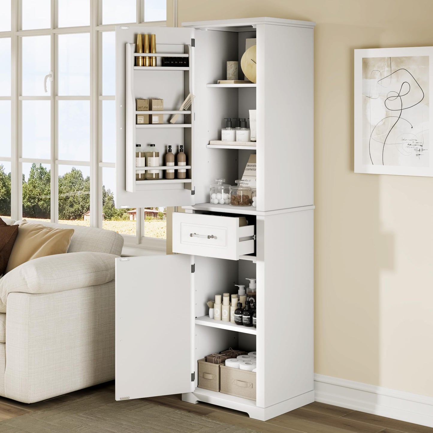 Guxeei Tall Storage Cabinet, Bathroom Floor Freestanding Storage Cabinet with 2 Doors, One Drawer, Door Shelve Design, and Adjustable Shelf for Bathroom, Office, Living Room, White