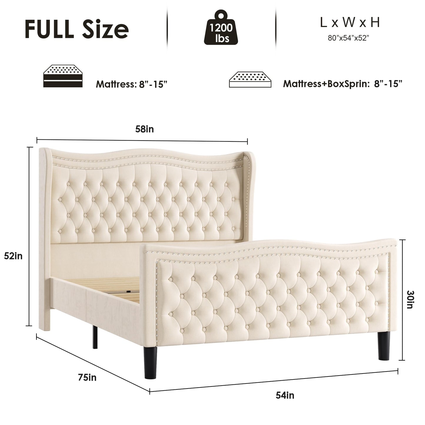 Generic Full Bed Frame, 52"" Headboard Upholstered Bed with Tall Footbaord, Velvet Upholstered Deep Button Tufted Wingback Platform Bed, No Box Spring Required/Wood Slat Support/Beige