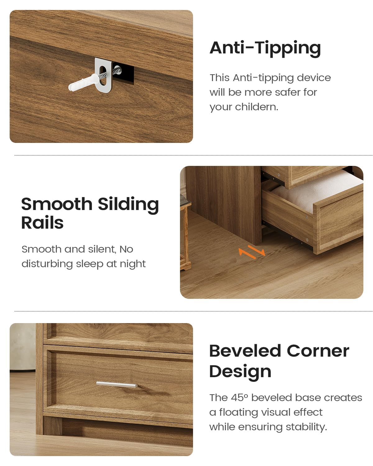 AOGLLATI Mid-Century Modern Dresser for Bedroom with 5 Drawer, Dressers& Chests of Drawers, 44.5” Tall Wood Dresser with 3 Color Lights for Bedroom, Wood
