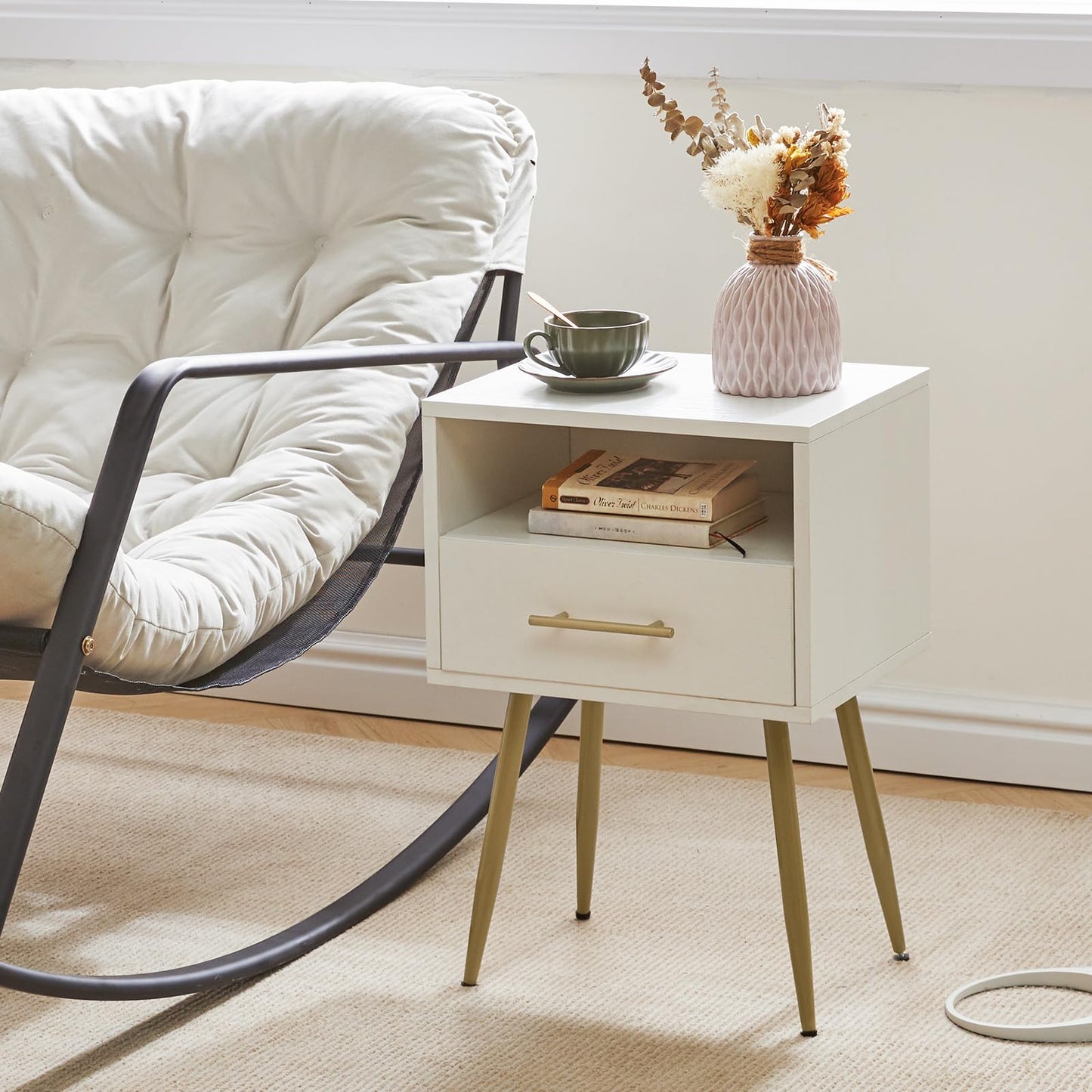 IBUYKE Nightstand, Mid Century Modern Night Stand, Bedside Table with Drawers and Open Storage Shelf, End Side Table with Metal Legs, for Bedroom, Small Spaces, White UWNS004W