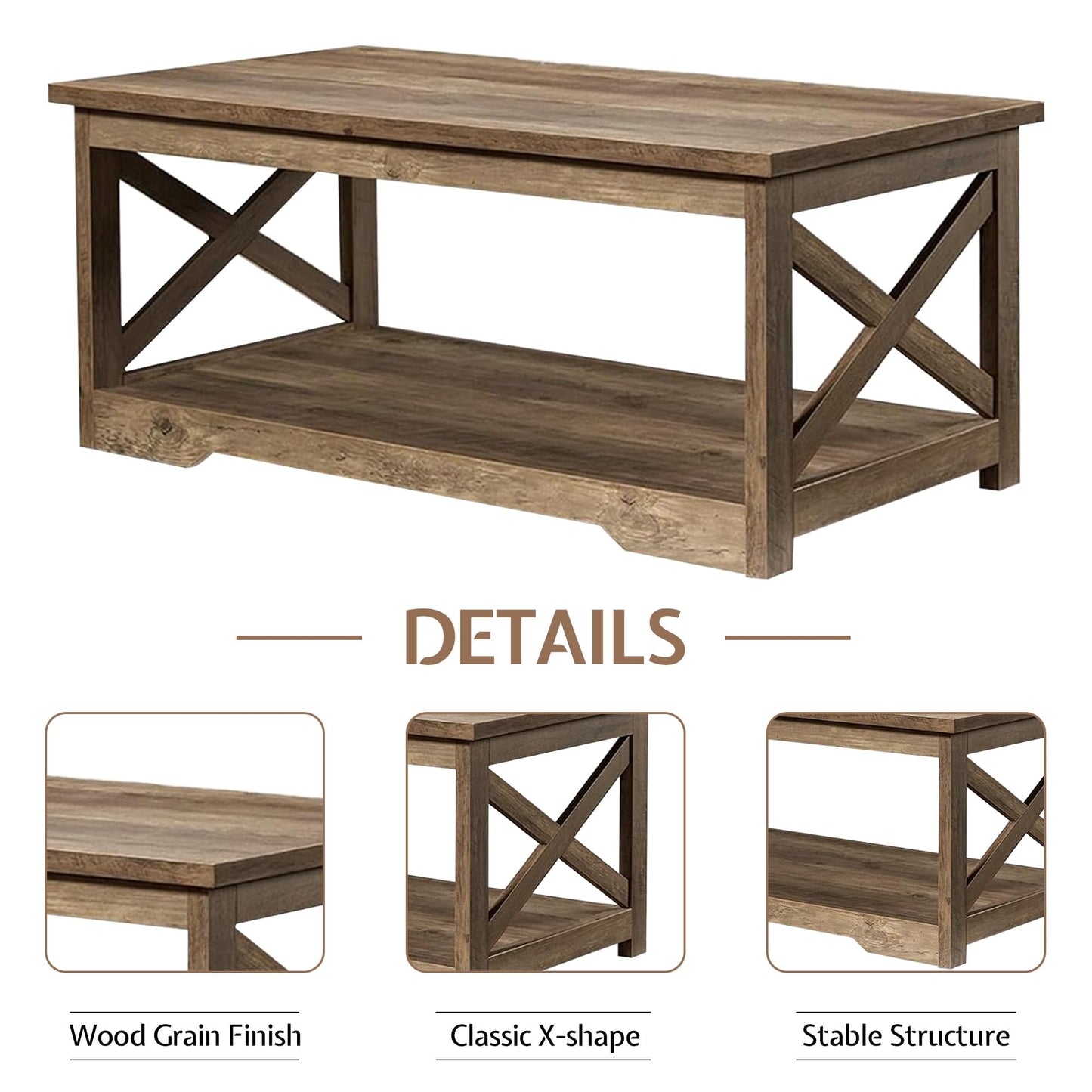 LUXOAK 3-Piece Farmhouse Living Room Table Sets, Includes 1 x Coffee Table, 2 x End Tables with Charging Station & USB Ports, Rustic Coffee Table Set of 3, Barnwood