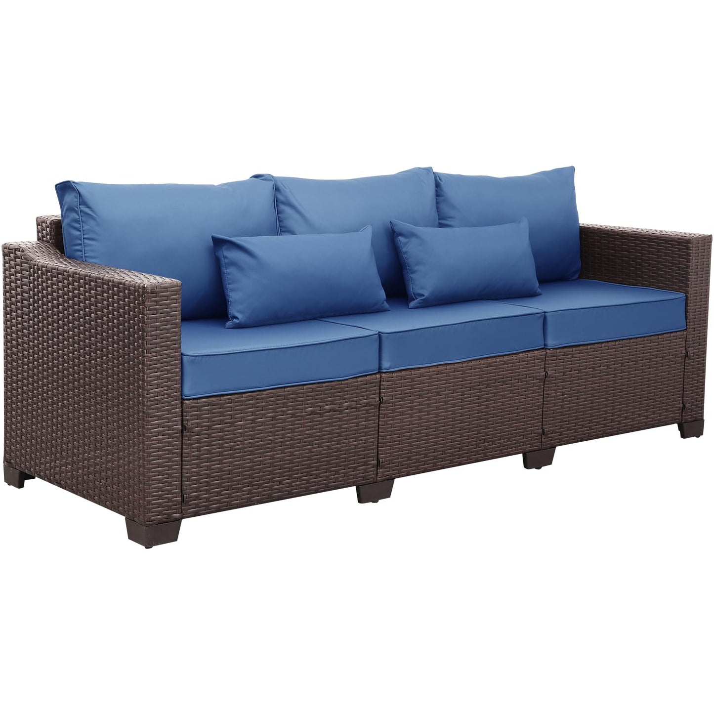 Rattaner 3-Seat Patio Wicker Sofa, Outdoor Rattan Couch Furniture Steel Frame with Furniture Cover and Deep Seat High Back, Blue Anti-Slip Cushion.
