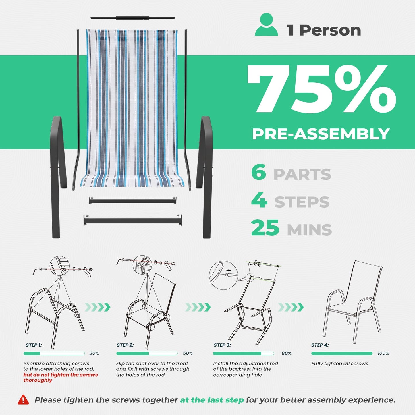 JEAREY Patio Dining Chairs Set of 4, Outdoor Stackable Dining Furniture Set, All Weather Dining Set for Lawn, Garden, Backyard, Poolside, Blue Striped
