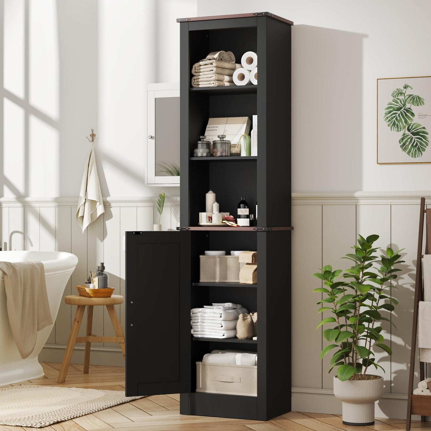 MHOM 71" Tall Bathroom Cabinet. Farmhouse Storage Cabinet with Adjustable Shelves, Narrow Linen Cabinet for Bathroom, Laundry, and, Living Room, Black