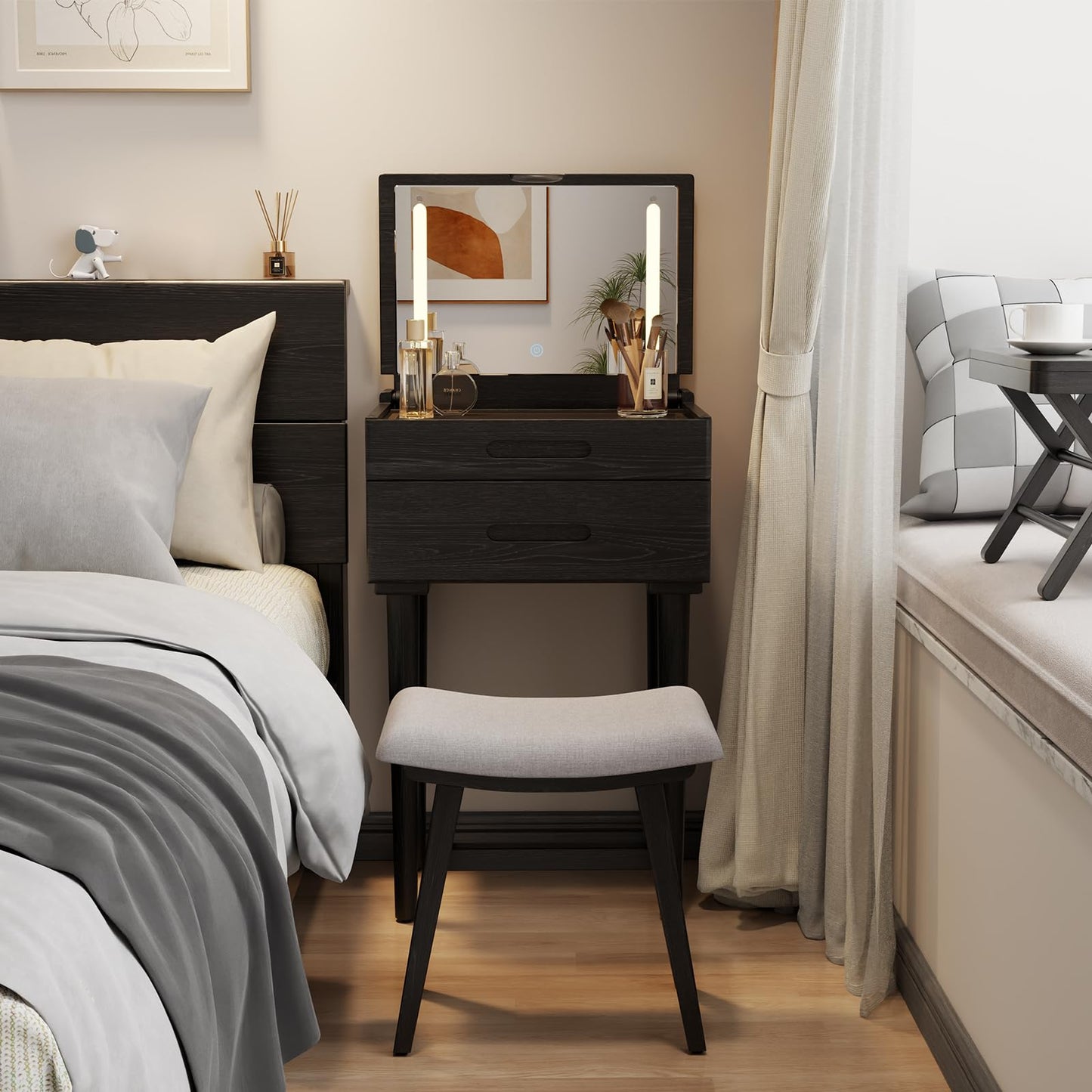 Muwuele Solid Wood Small Vanity Desk with Flip Top Mirror, Brightness Adjustable Lights, Compact Vanity with Glass Top and Drawers, Slim Dressing Table for Small Space, Bedroom, Living Room, Black