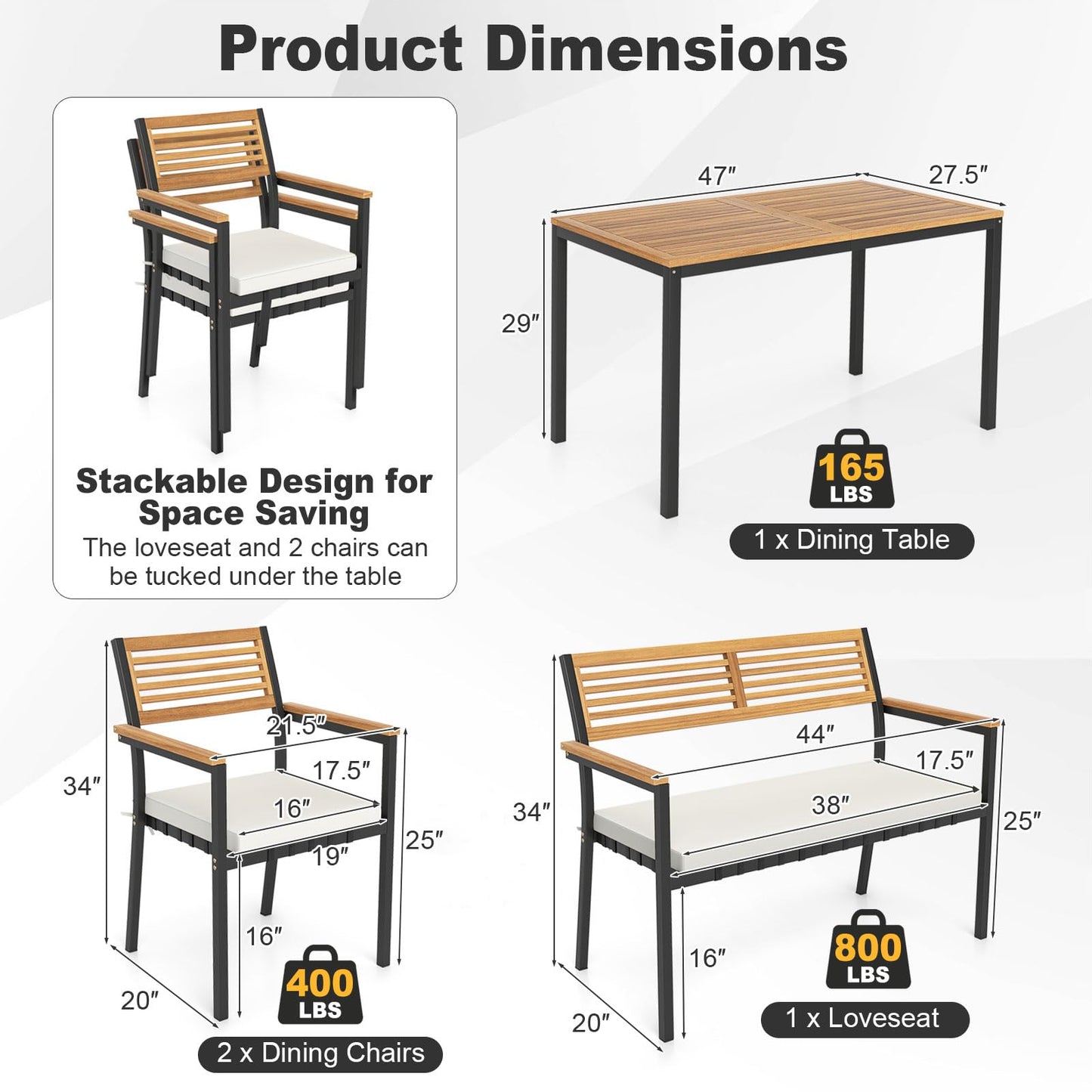 Tangkula 4-Piece Patio Furniture Set, Outdoor Dining Chair Set for 4 w/Acacia Wood & Metal Frame, Umbrella Hole, 1 Table, 2 Armchairs, 1 Bench for Lawn, Garden, Backyard, Porch (Off White)
