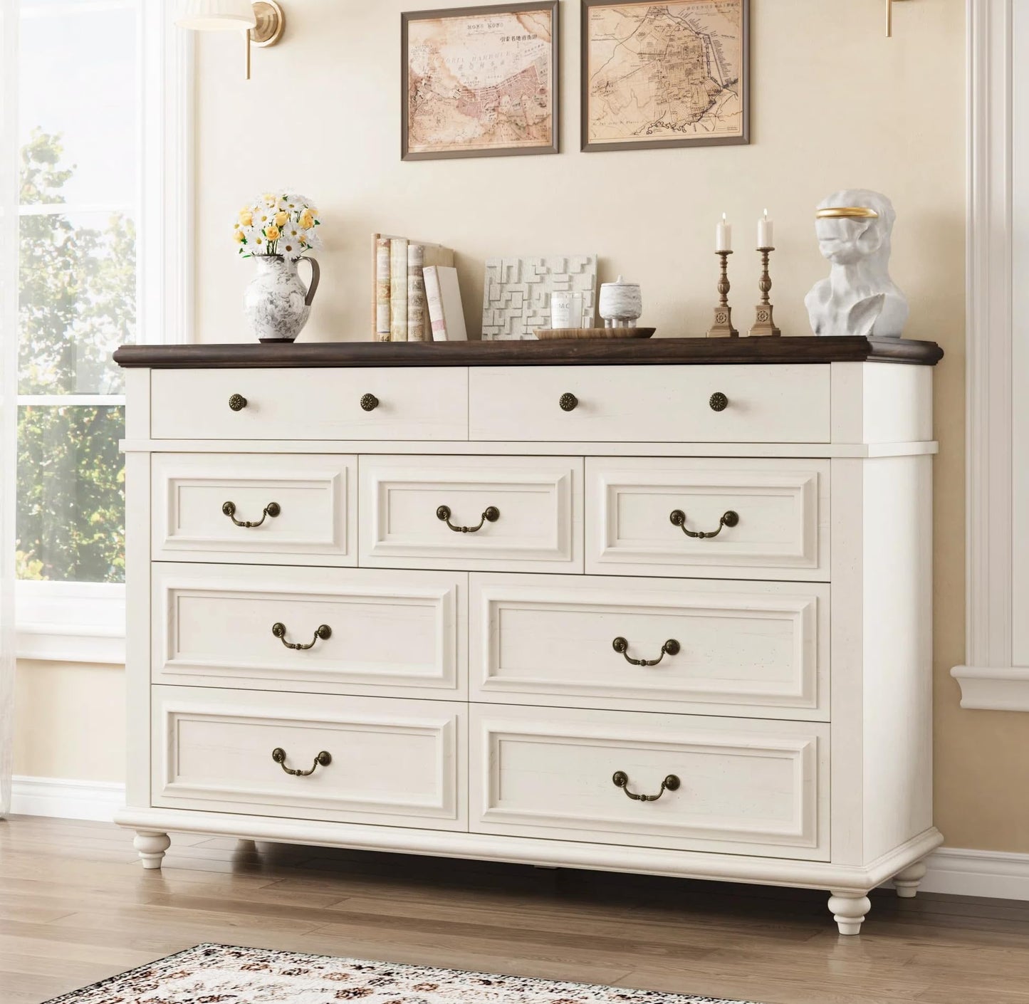 Jocoevol Cream Farmhouse Dresser for Bedroom, 9 Drawer Chest of Drawers, Tall Dressers for Bedroom Storage, Dresser for Closet, Dressers & Chests of Drawers (Cream, 53.5" Wide)