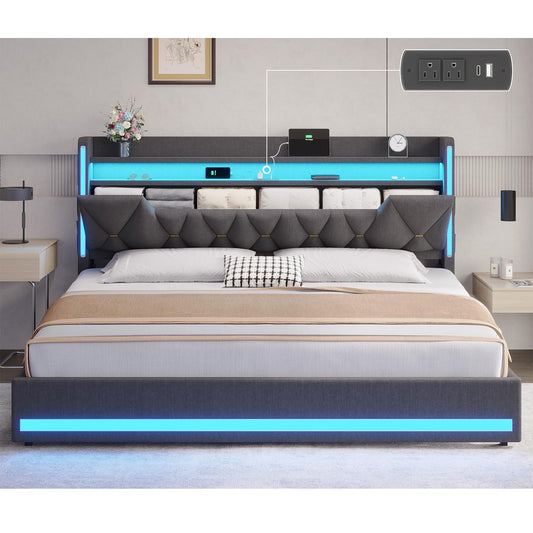 BYSAUD King Size Bed Frame with LED Lights & Charging Station, LED King Bed with Hidden Space and 2-Tier Shelves, Upholstered Metal Bed Frame with Headboard, No Box Spring Needed, Dark Gray, Linen