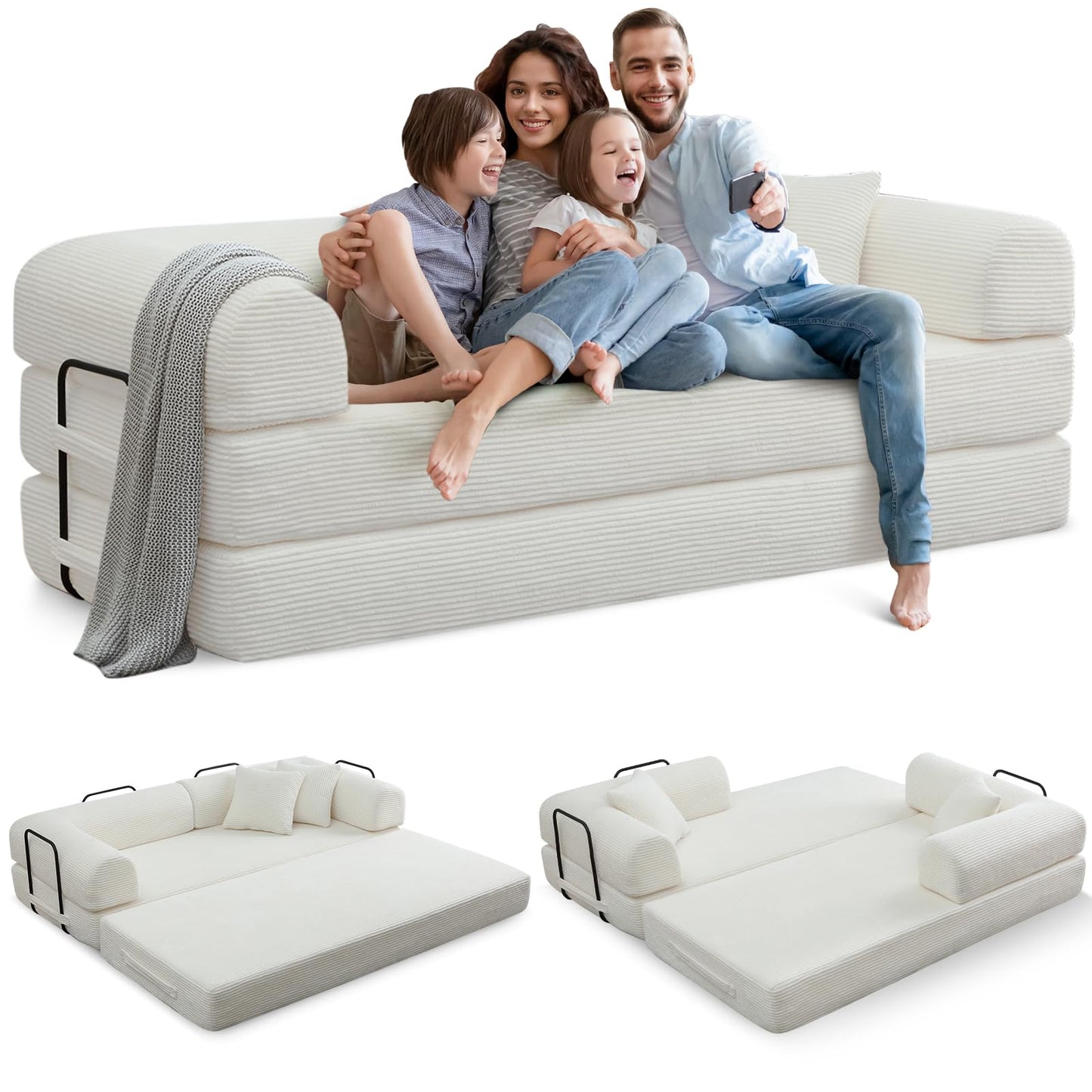 JEEOHEY Convertible Folding Sofa Bed, Corduroy Sleeper Mattress Couch with Fixed-Shape Frame, Free Combination Loveseat Lounge Floor Sofa, Queen Size Memory Foam Couch for Living Room, Bedroom, White