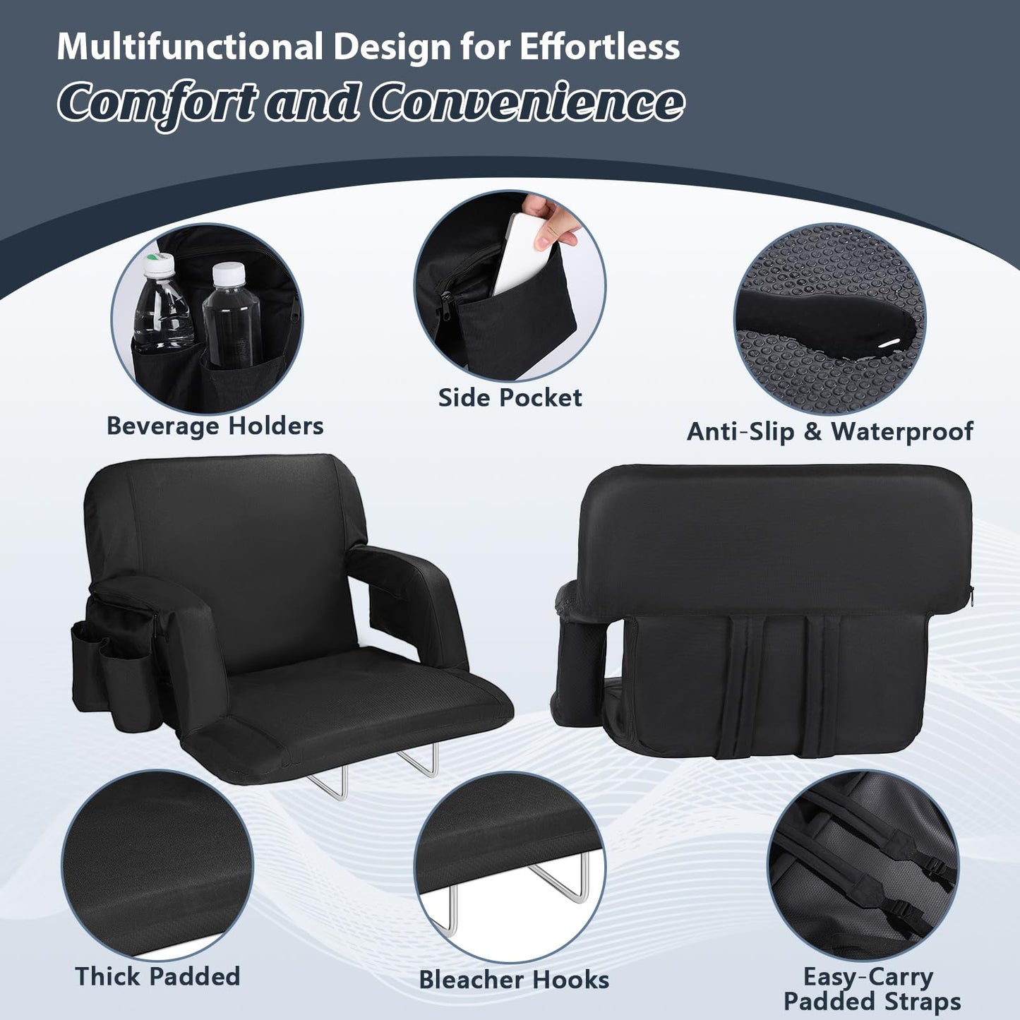 Gbekery Extra Wide Stadium Seats with Back Support,25" Wide 2 Pack Padded Reclining Bleacher Chairs with Back and Cushion,6 Reclining Positions,2 Steel Bleacher Hooks,Side Pockets & Cup Holders(Black)