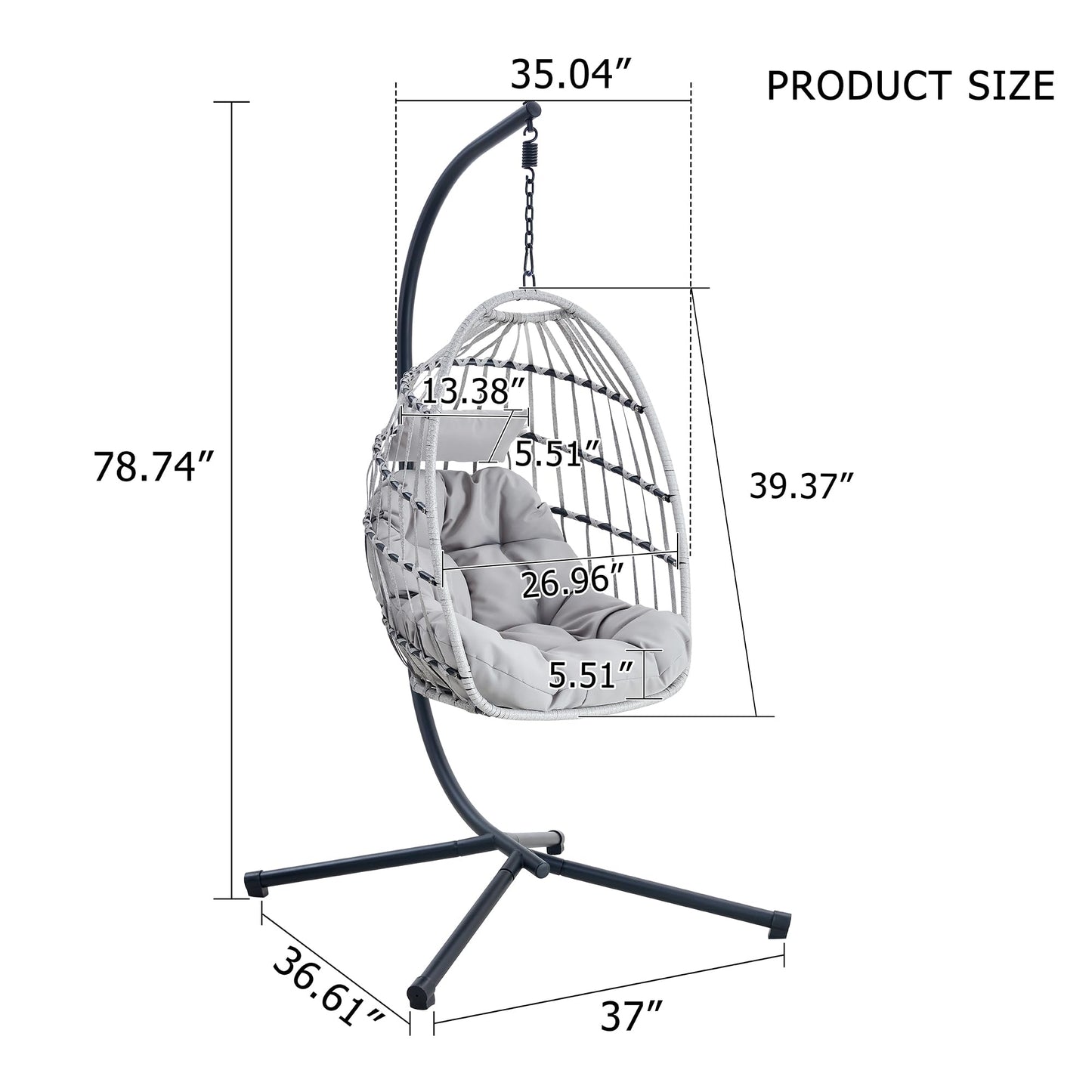 Swing Egg Chair with Stand, Outdoor Hanging Chair with Cushion and Headrest, Rattan Egg Chair for Backyard, Balcony, Indoor, 300lbs Capacity, Grey