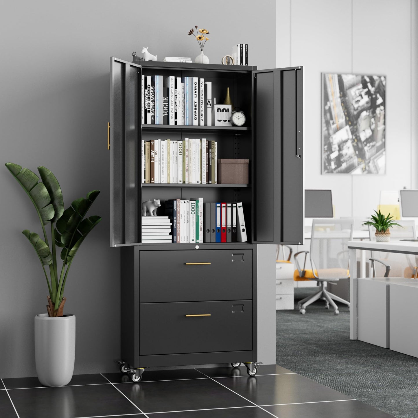 Aobabo Metal 2 Drawers Lateral File Storage Cabinet and Unit Adjustable Shelf Organizer, 2 Door Storage Office Steel Files Cabinet with Wheels, Legal/Letter A4 Size, Assembly Required, Black