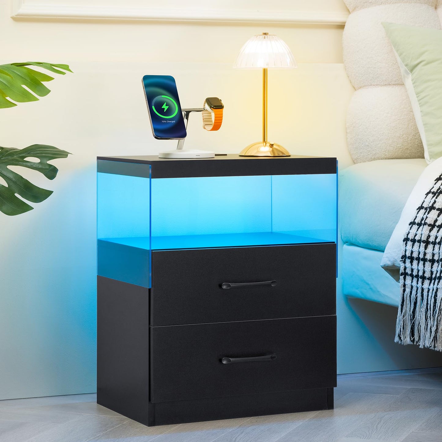 i-aplus Black Night Stand Set of 2,LED Nightstand with Charging Station,Bedside Table with 2 Drawers,Modern Bed Side Tables Bedroom