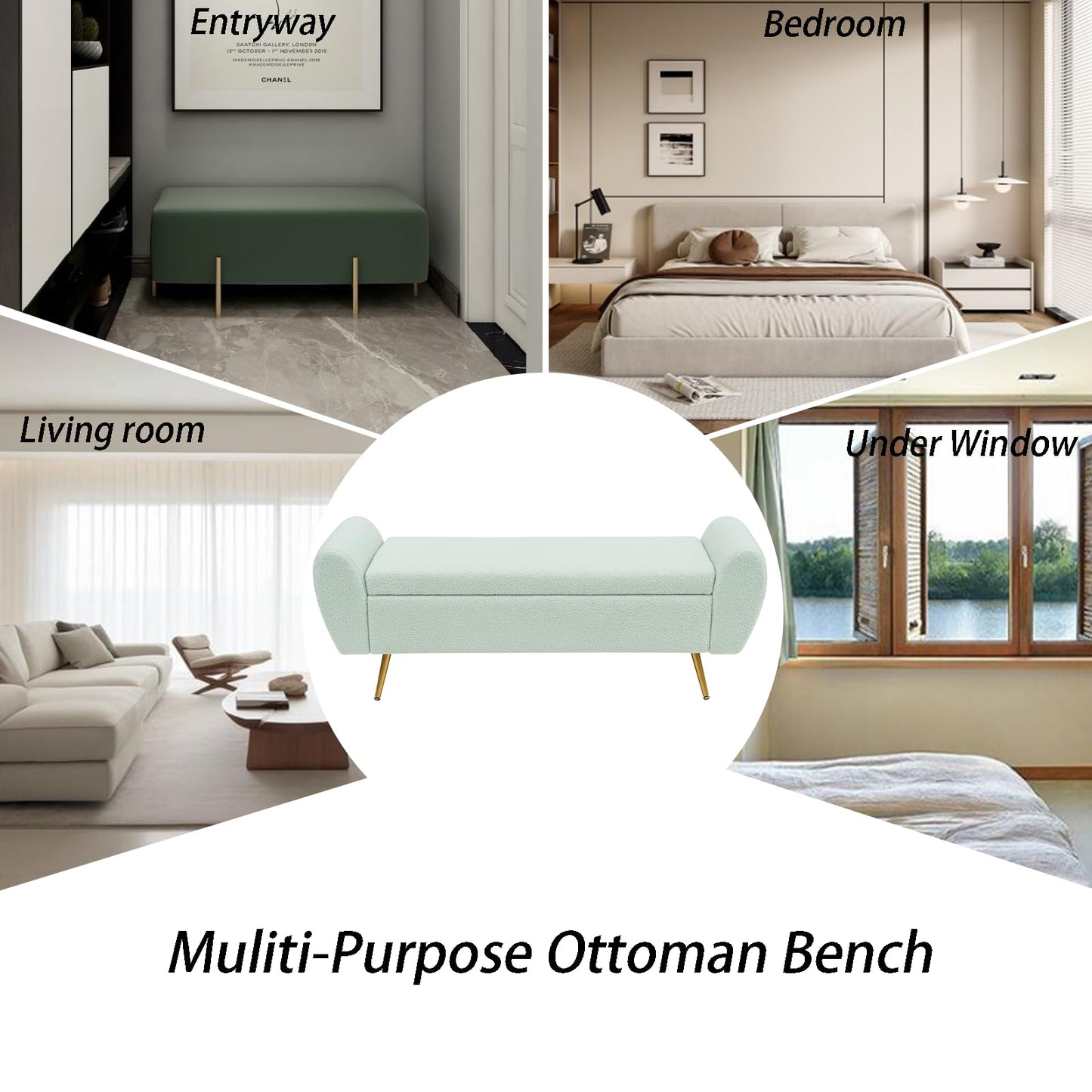 AIITTCC Teddy Storage Bench for Bedroom, Extra Long Boucle Bench for King Size Bed, Modern Upholstered End of Bed Ottoman Bench with Arms for Entryway Living Room (SAGE)