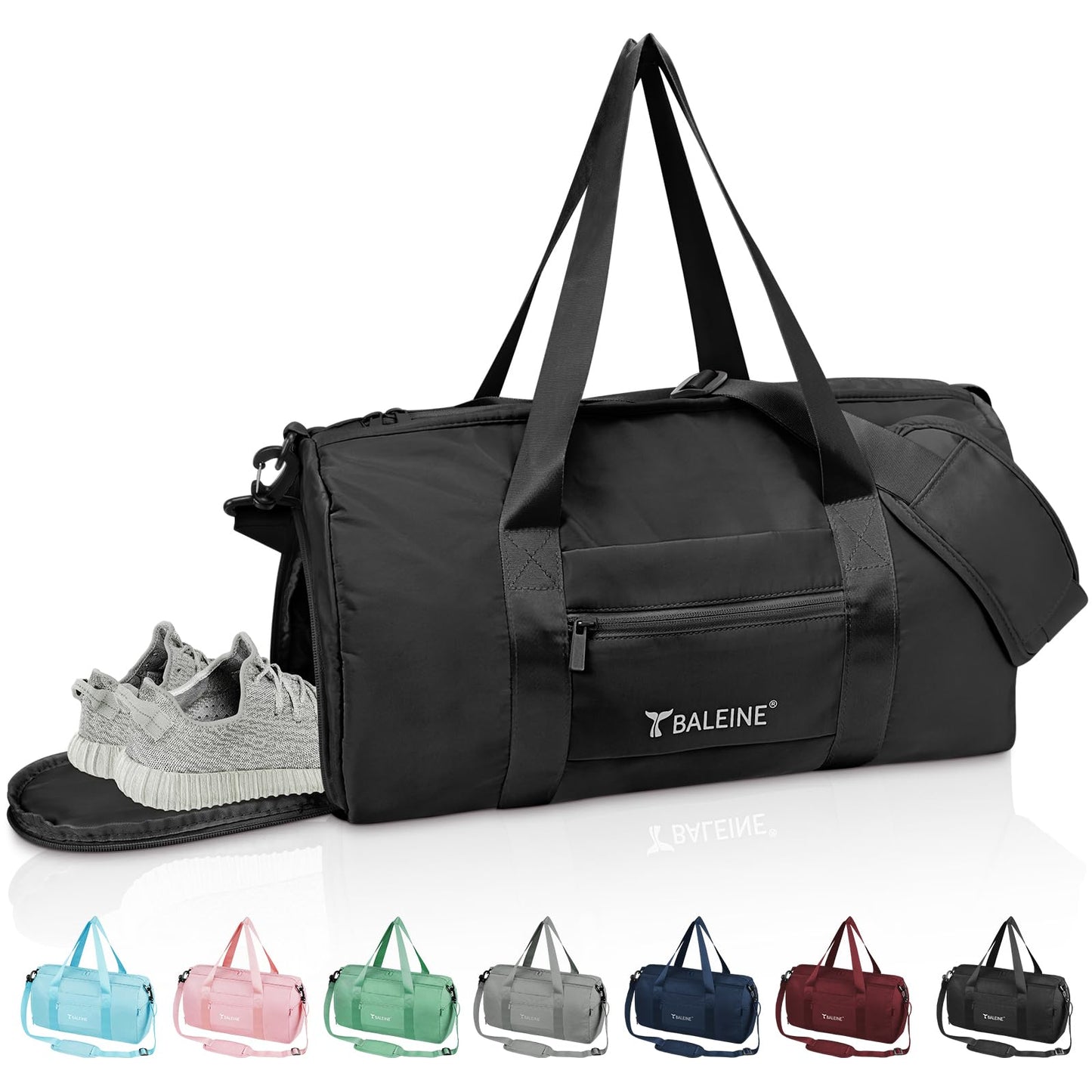 BALEINE Gym Bag for Women and Men, Small Duffel Bag for Sports, Gyms and Weekend Getaway, Waterproof Dufflebag with Shoe and Wet Clothes Compartments, Lightweight Carryon Gymbag (Black)
