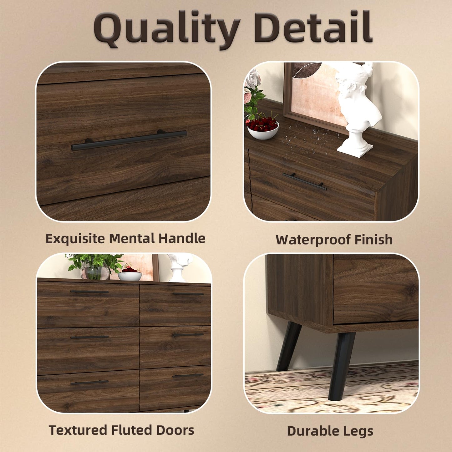 RQZ 6 Drawers Dresser for Bedroom, Walnut Chest of Drawers with Large Storage Capacity, Wooden Storage Dresser Organizer for Bedroom Nursery Living Room Hallway Closet (6-Drawer)