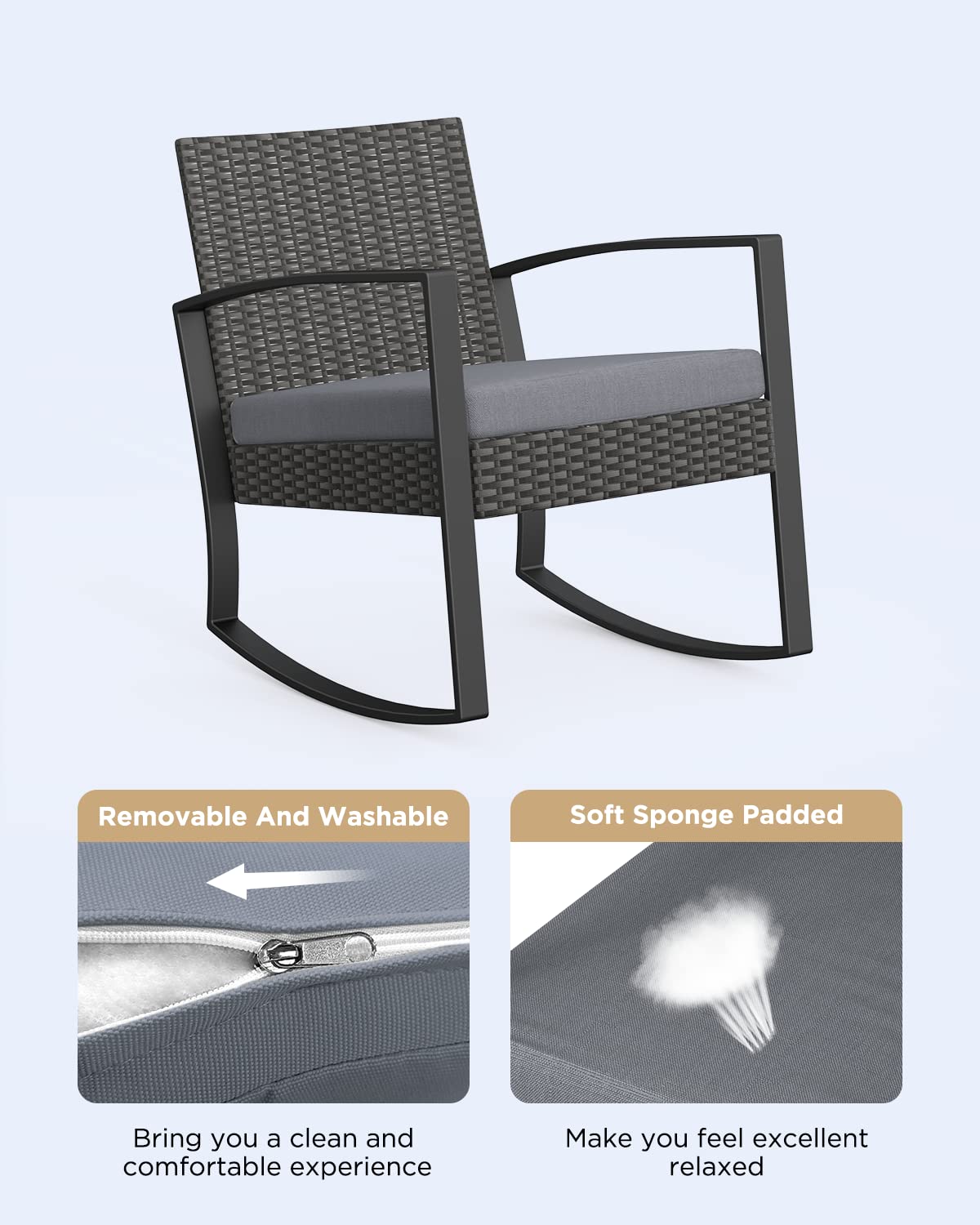 Qsun 3 Pieces Patio Furniture Set Rocking Bistro Set Outdoor Rattan Conversation with Coffee Table for Garden Balcony Backyard Poolside (Grey Cushion)