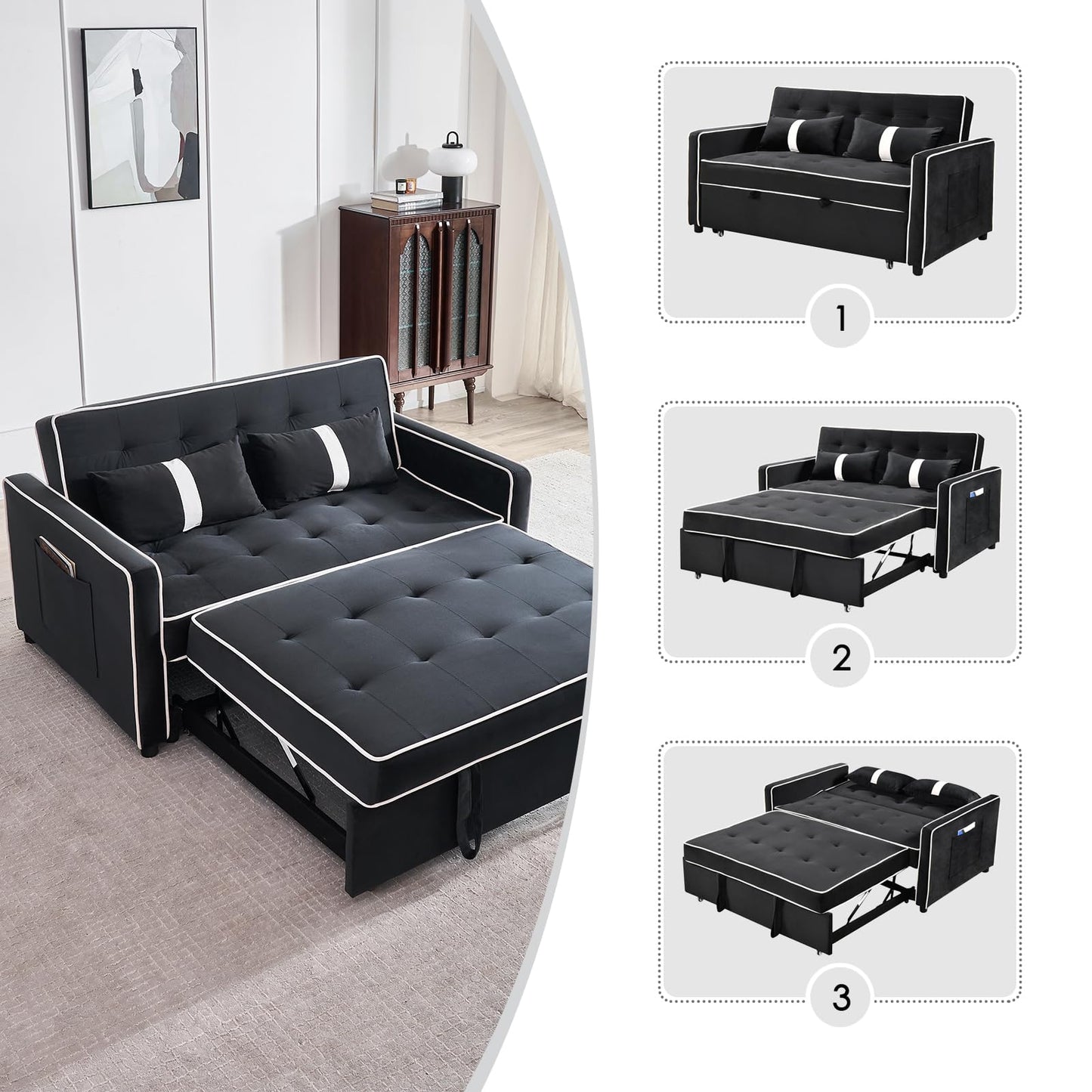 ECHINGLE 3 in 1 Sofa Bed Couch, Pull Out Sofa Bed with Adjustable Backrest, Sleeper Sofa for Living Room, Home or Office - Includes 2 Pockets and 2 Pillows,54.5"（Black）