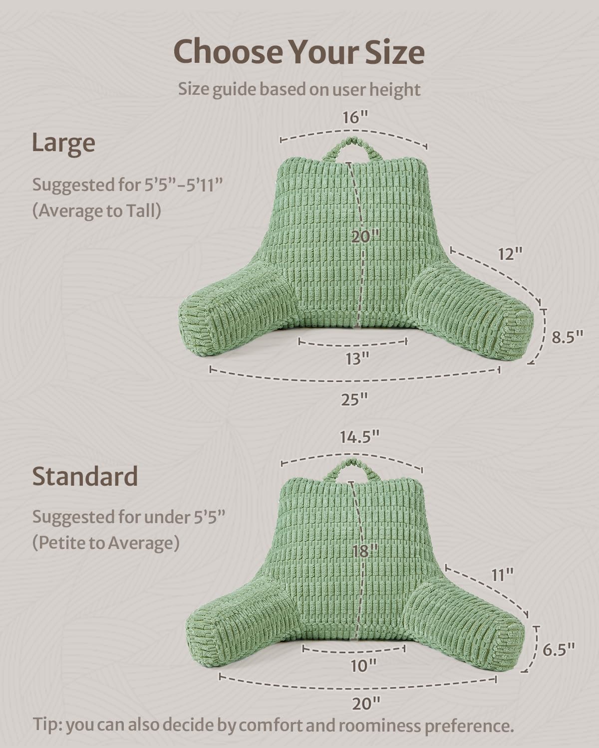 Blissful Diary Reading Pillow, Backrest Pillow with Shredded Memory Foam for Adult & Children, Designed for Bed and Couch Sitting Up, Includes Arms, Pockets and Washable Cover, Sage Green