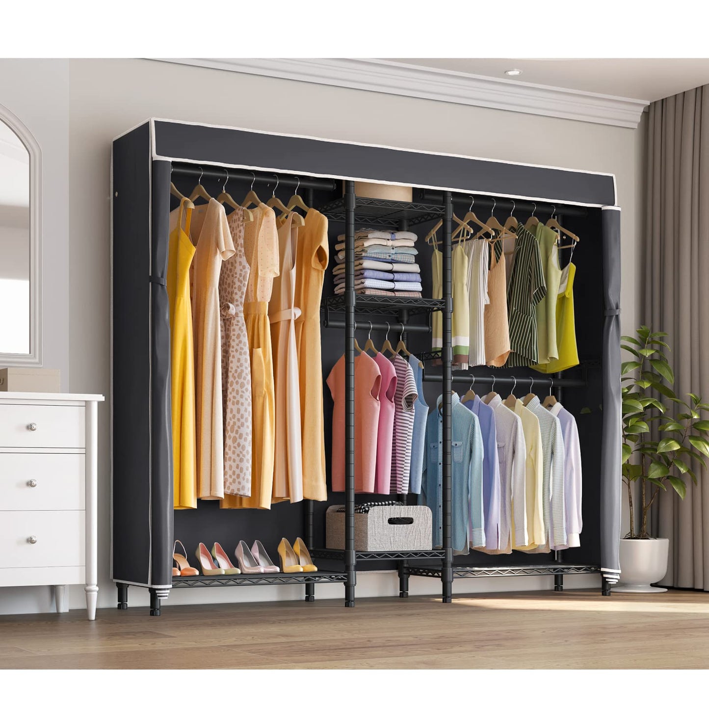 VIPEK V6C Heavy Duty 5 Tiers Wire Garment Rack Large Size Wardrobe Closet Black Metal Clothing Rack with Black Oxford Fabric Cover, 75.6" L x 18.5" W x 76.4" H, Max Load 780 LBS