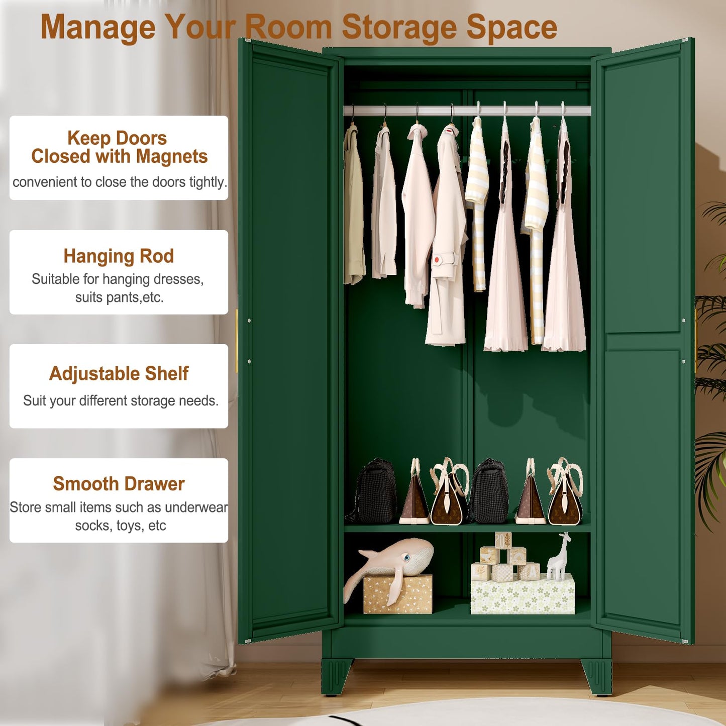 Metal Armoire Wardrobe Closet Storage Cabinet with Mirror, 71'' Wardrobe Cabinet with Hanging Rod Metal Closet with 2 Adjustable Shelves for Bedroom, Laundry Room, Cloak Room