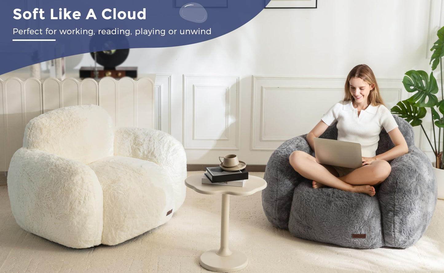 MAXYOYO Bean Bag Chair, Comfy Pebble Shaped Single Bean Bag Sofa for Adults, Stuffed Floor Sofa with Supportive Backrest & Armrests, Modern Faux Fur Accent Chair for Living Room & Bedroom, Grey