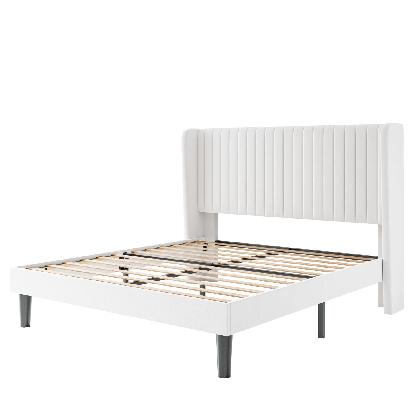 SHA CERLIN Full Size Velvet Bed Frame with Vertical Channel Tufted Wingback Headboard, Upholstered Platform Bed with Wood Slats, No Box Spring Needed, Easy Assembly, White